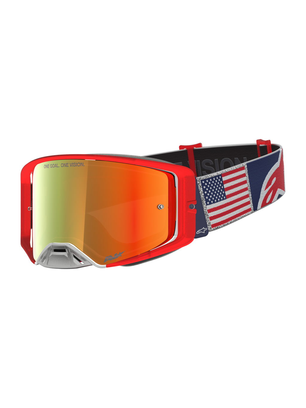 Alpinestars Supertech Fiftyfold, gafas de motocross, rojas y azules con correa de bandera de EE. UU. y lente de espejo roja.