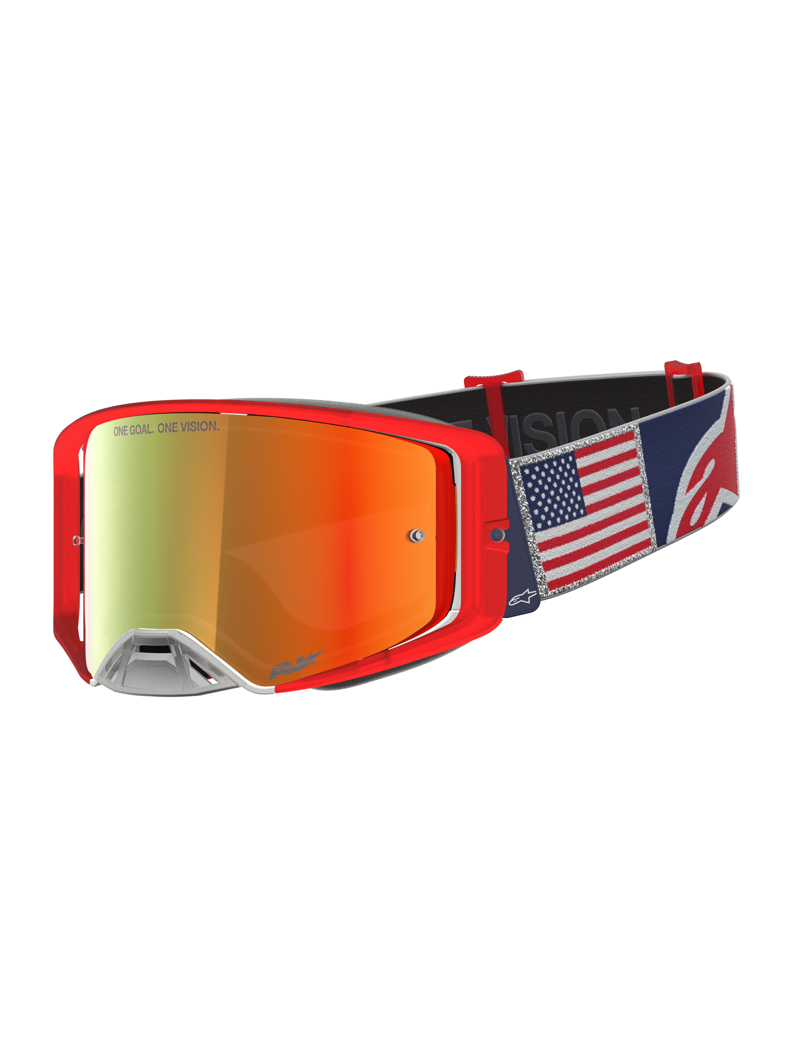 Alpinestars Supertech Fiftyfold, gafas de motocross, rojas y azules con correa de bandera de EE. UU. y lente de espejo roja.