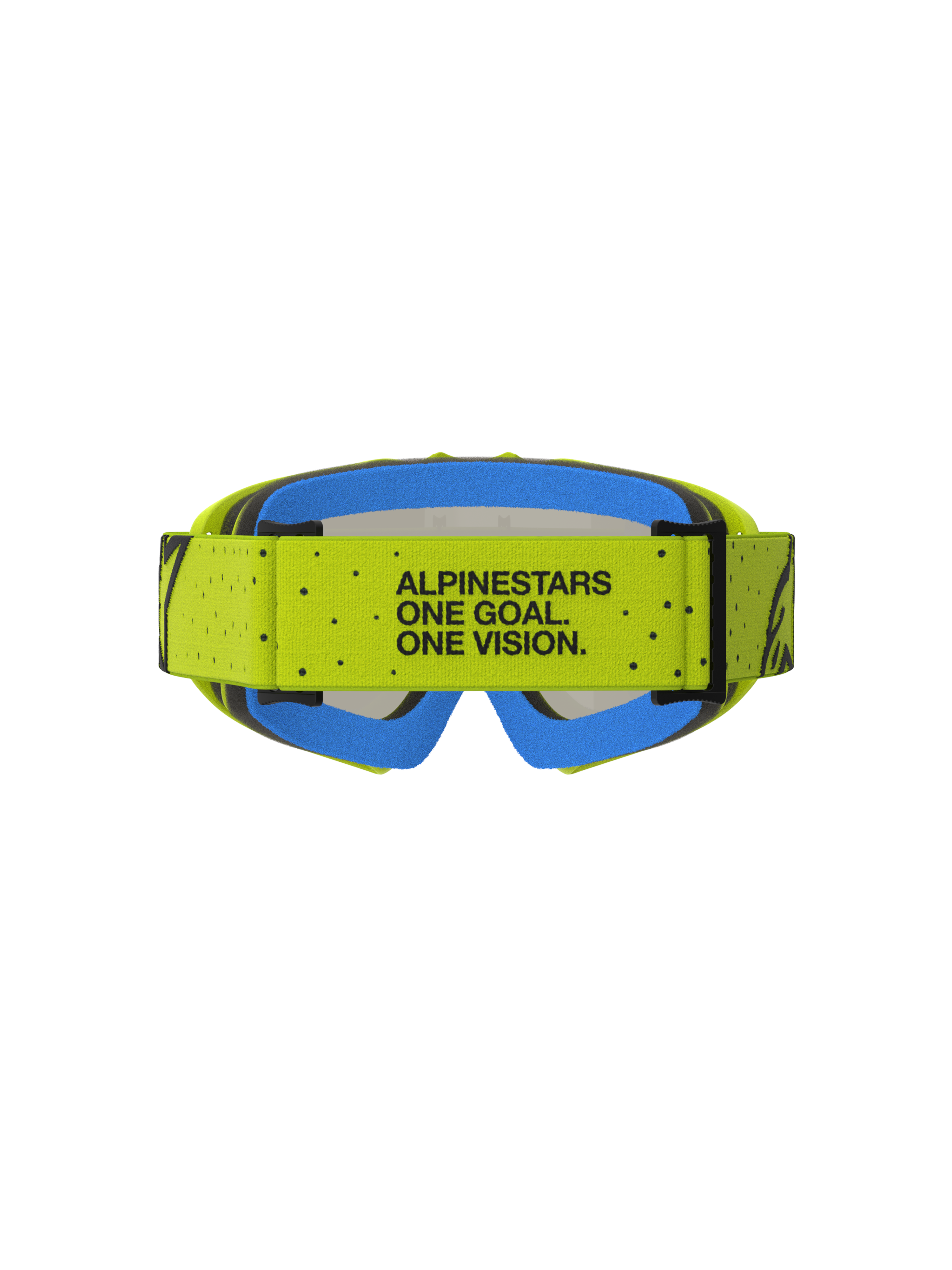 Gafas Alpinestars Vision Vesta Juveniles de motocross, amarillas y azules con el lema One Goal. One Vision. en la correa.