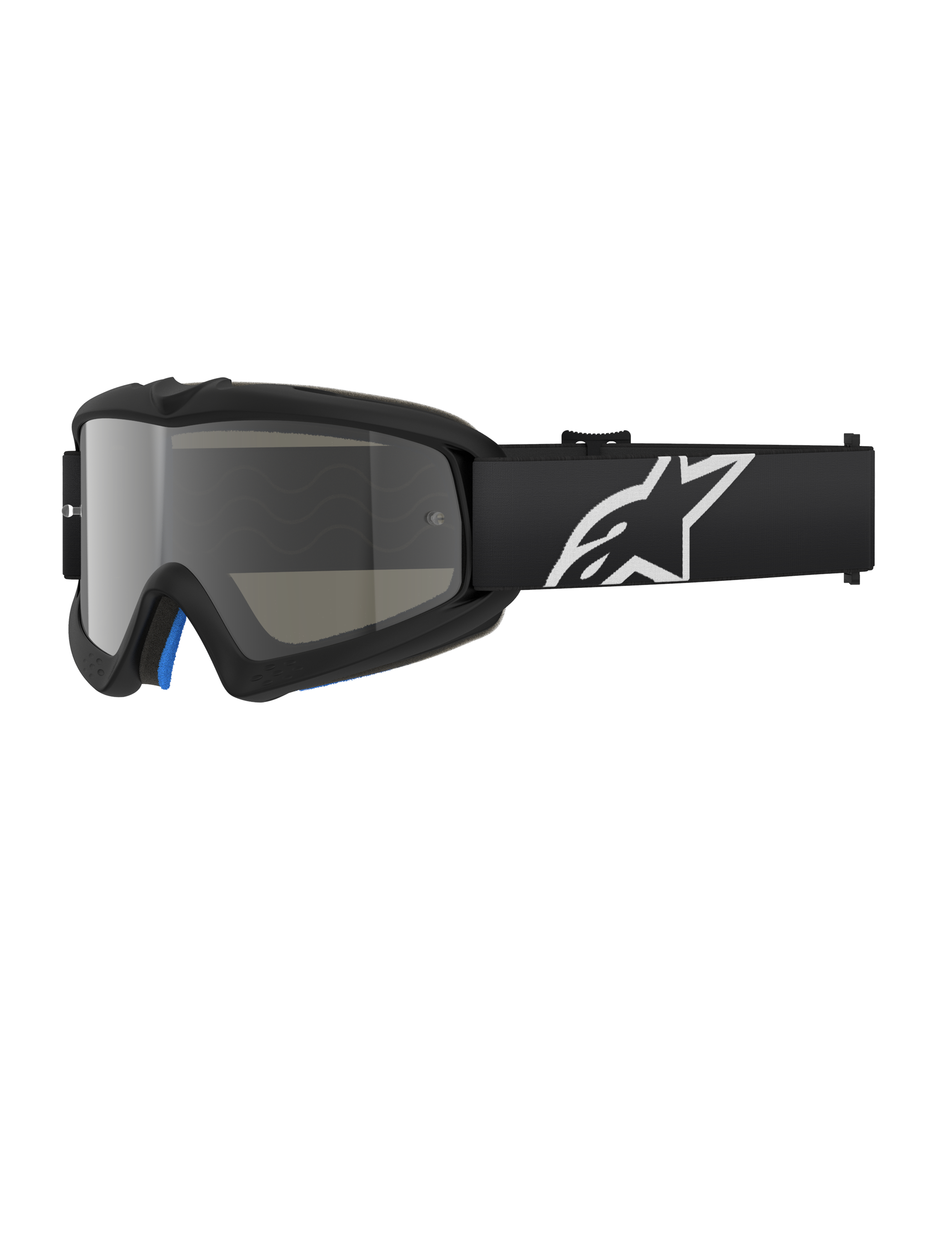 Gafas Alpinestars Vision Youth Corp, gafas de motocross negras con lente de espejo plateado, talla juvenil, correa ajustable negra con logo de estrella blanco, acolchado de espuma interior azul, diseñadas para carreras de motos todoterreno