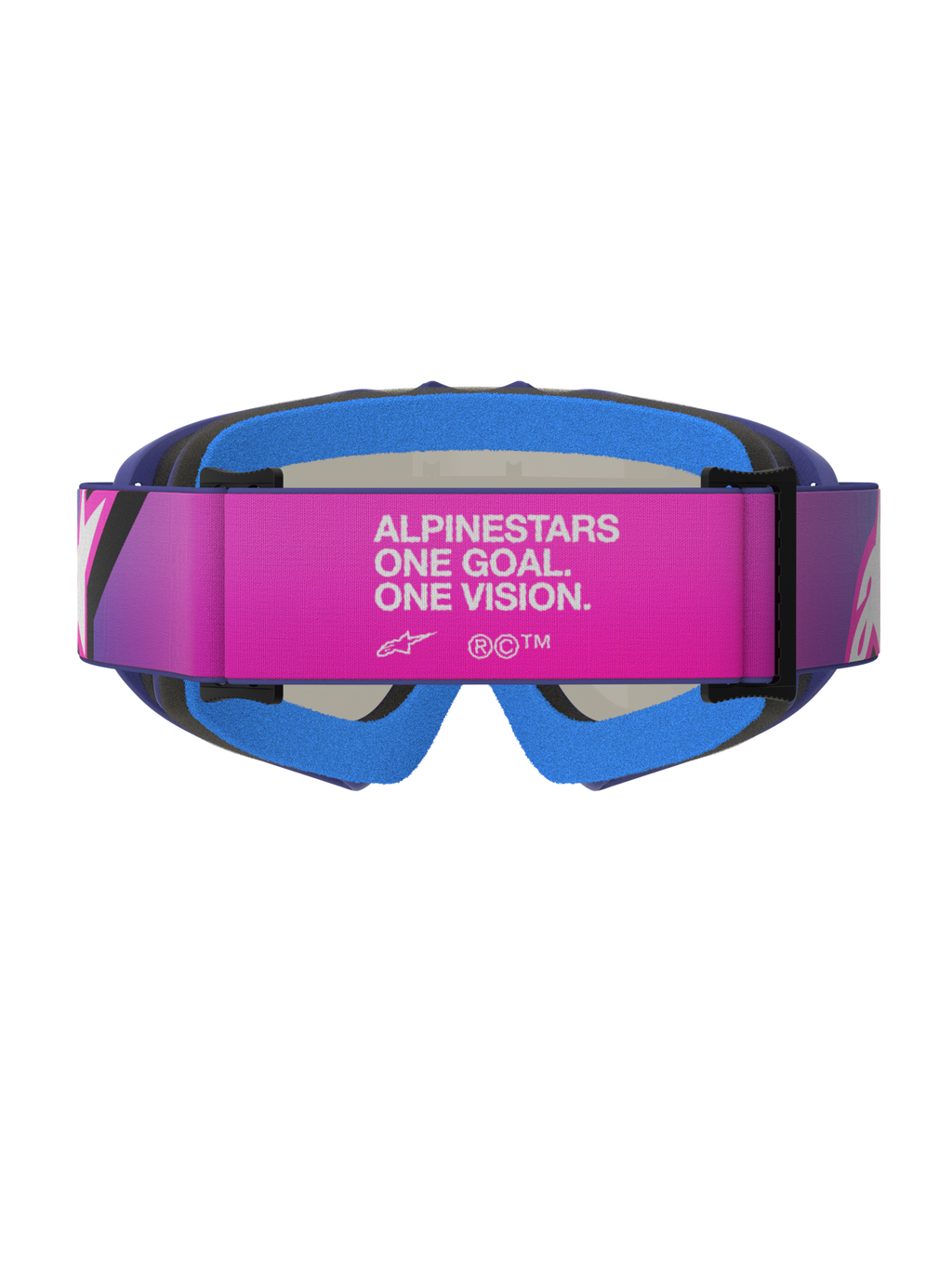 Gafas Alpinestars Vision Youth Corp, gafas de motocross, púrpura, rosa flúor y azul espejo, vista trasera con una correa ajustable rosa con el texto blanco 'ALPINESTARS ONE GOAL. ONE VISION.', espuma facial acolchada azul y montura de uretano púrpura, diseñadas para jóvenes pilotos de motocross.