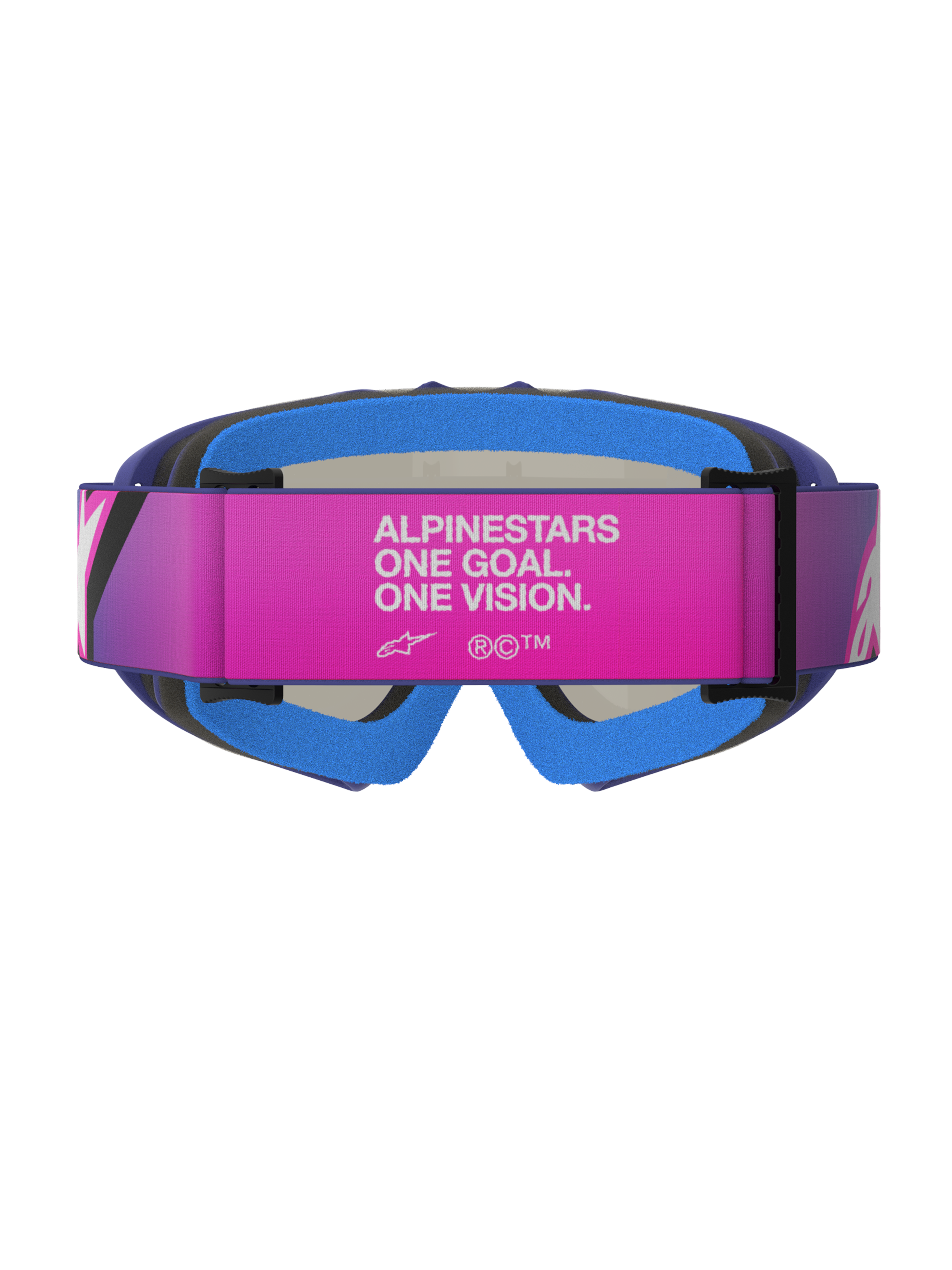 Gafas Alpinestars Vision Youth Corp, gafas de motocross, púrpura, rosa flúor y azul espejo, vista trasera con una correa ajustable rosa con el texto blanco 'ALPINESTARS ONE GOAL. ONE VISION.', espuma facial acolchada azul y montura de uretano púrpura, diseñadas para jóvenes pilotos de motocross.