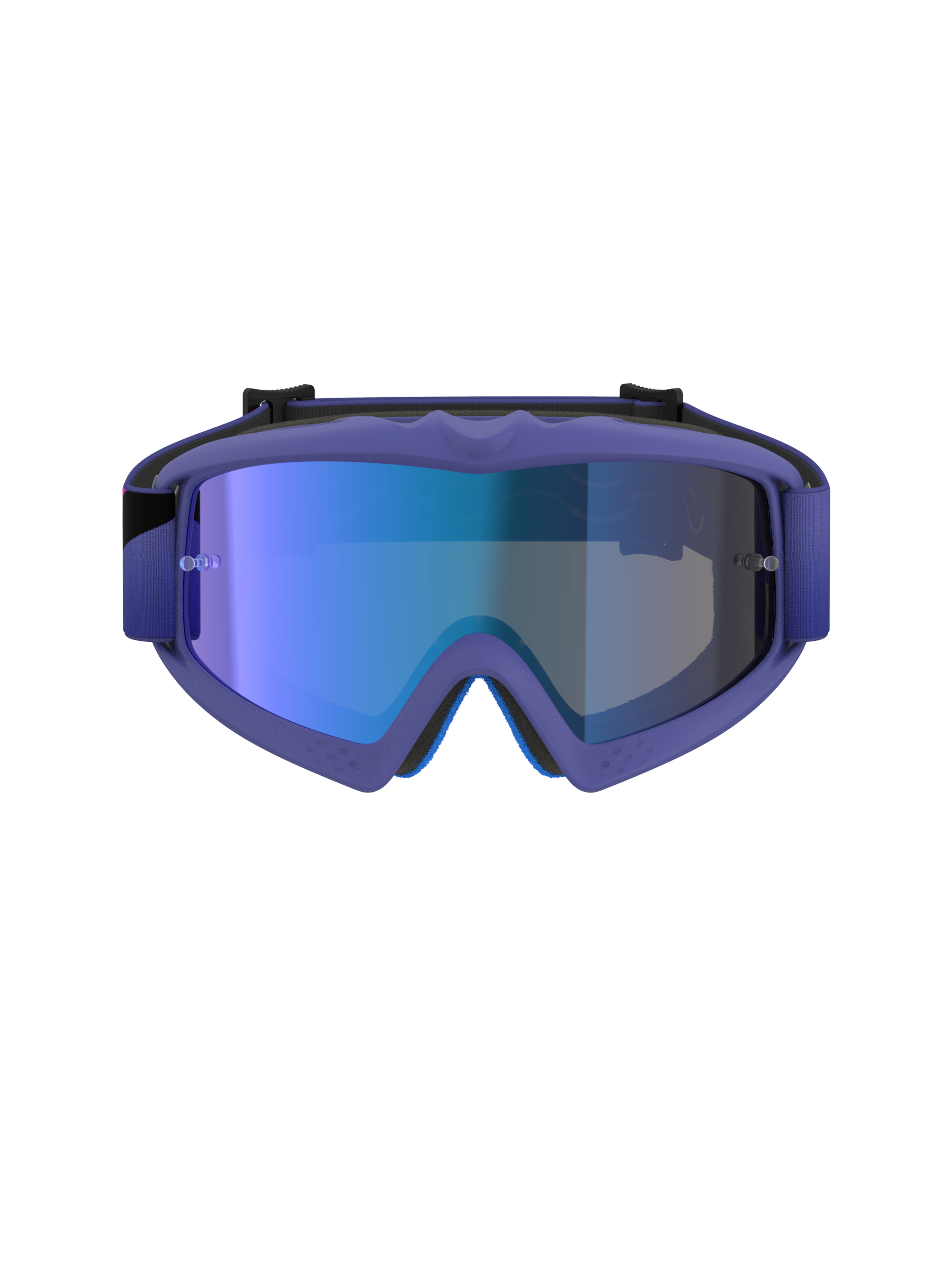 Gafas Alpinestars Vision Youth Corp, gafas de motocross, montura en púrpura y rosa flúor con lente azul de espejo, protección ocular off-road específica para jóvenes, vista frontal que muestra el marco A-FLEX y la espuma facial de varias etapas