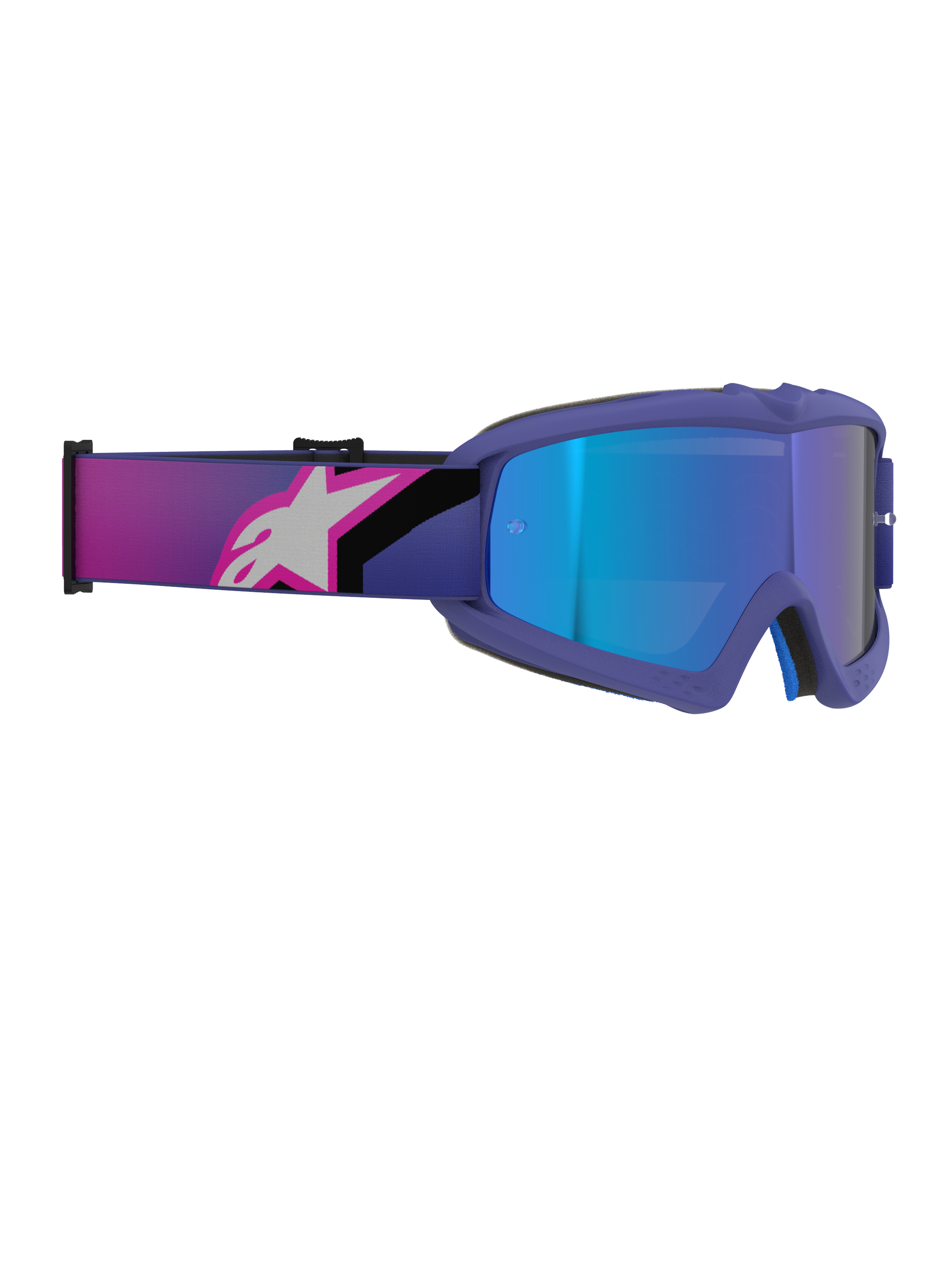 Alpinestars Vision Youth Corp Goggles, gafas de motocross, montura púrpura y rosa flúor con lente azul de espejo, correa elástica ancha con el logotipo de Alpinestars en rosa y blanco, gafas off-road de alto rendimiento para jóvenes pilotos