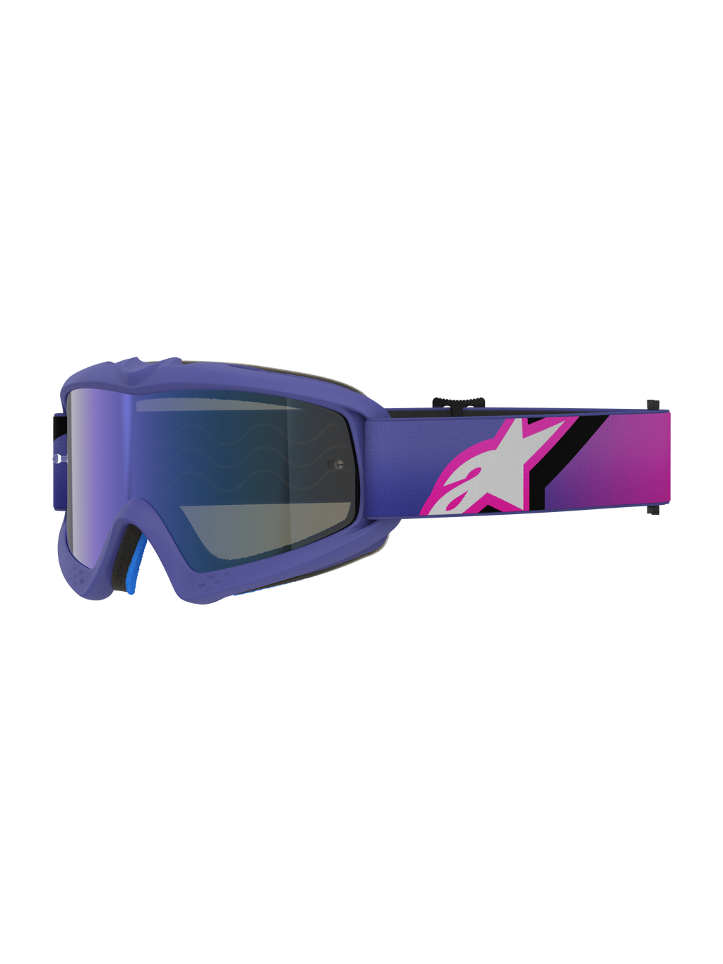 Alpinestars Vision Youth Corp Goggles, gafas de motocross, morado y rosa flúor, con lente azul espejo y correa en degradado con el logotipo de Alpinestars en blanco, diseñadas para jóvenes pilotos de off-road