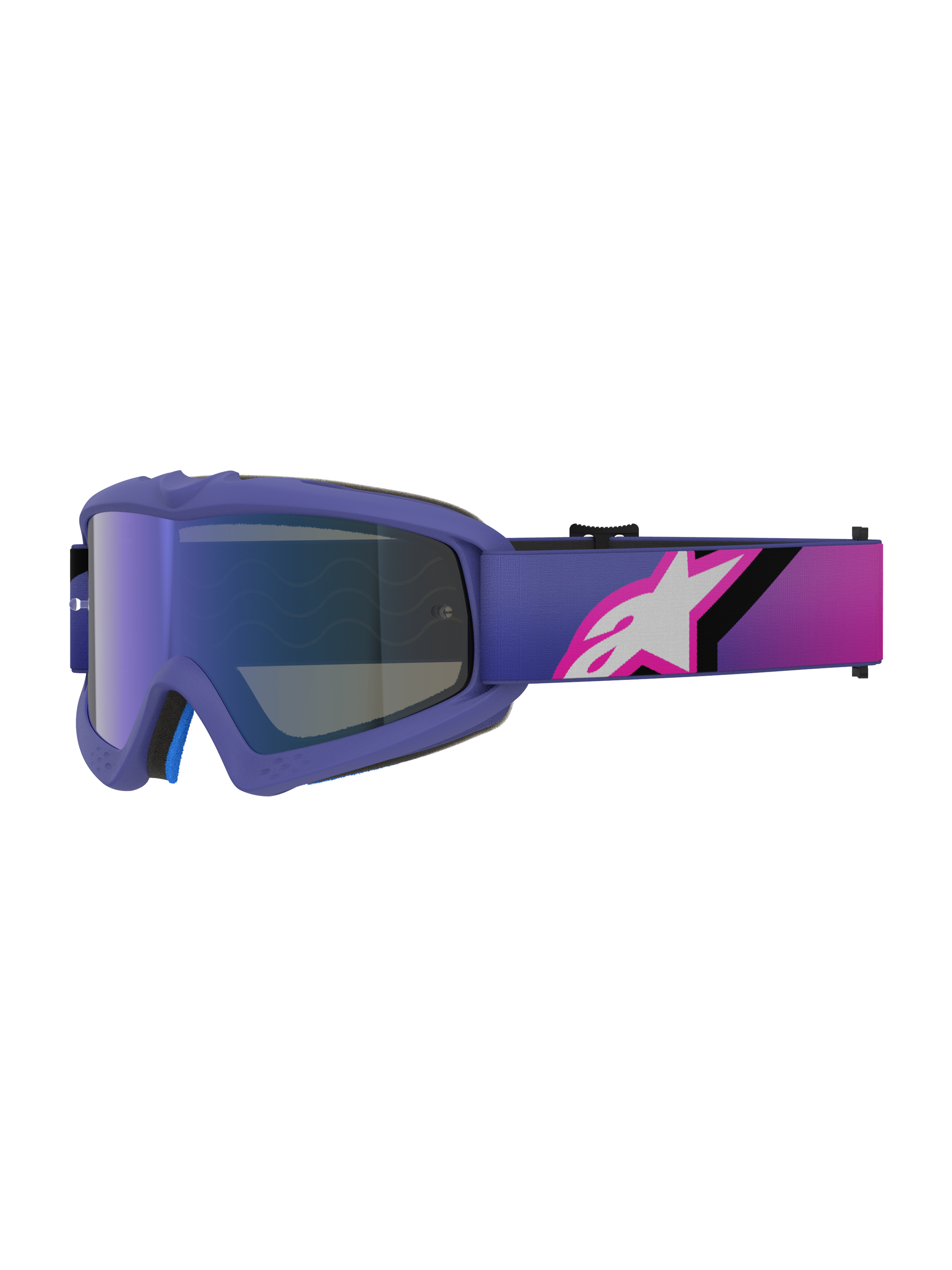 Alpinestars Vision Youth Corp Goggles, gafas de motocross, morado y rosa flúor, con lente azul espejo y correa en degradado con el logotipo de Alpinestars en blanco, diseñadas para jóvenes pilotos de off-road