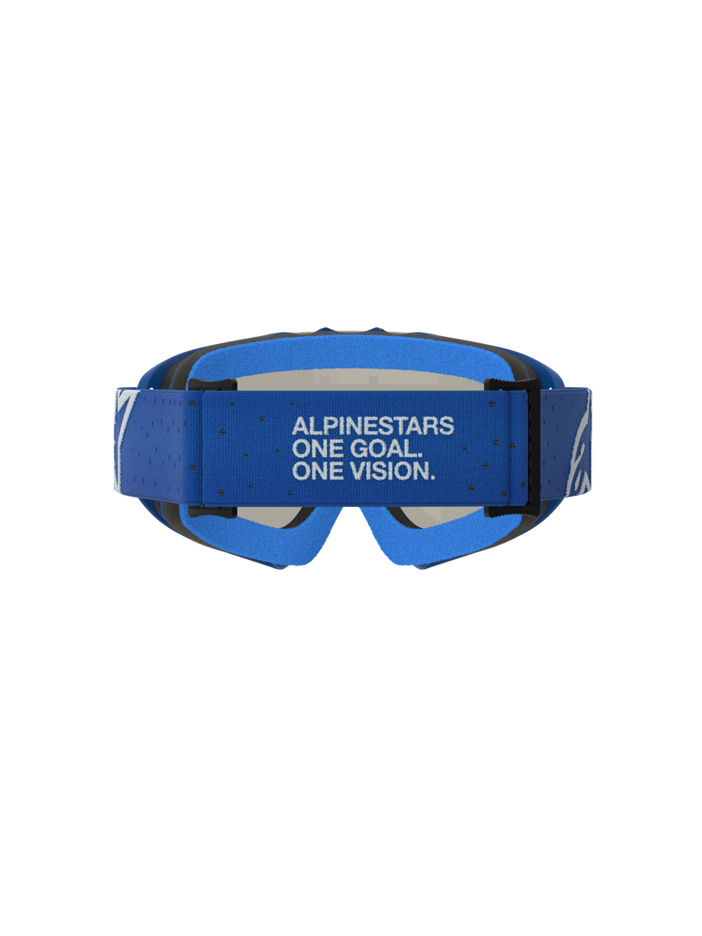 Gafas Alpinestars Vision Vesta Juvenil, gafas de motocross azules y blancas, vista trasera con correa de marca.