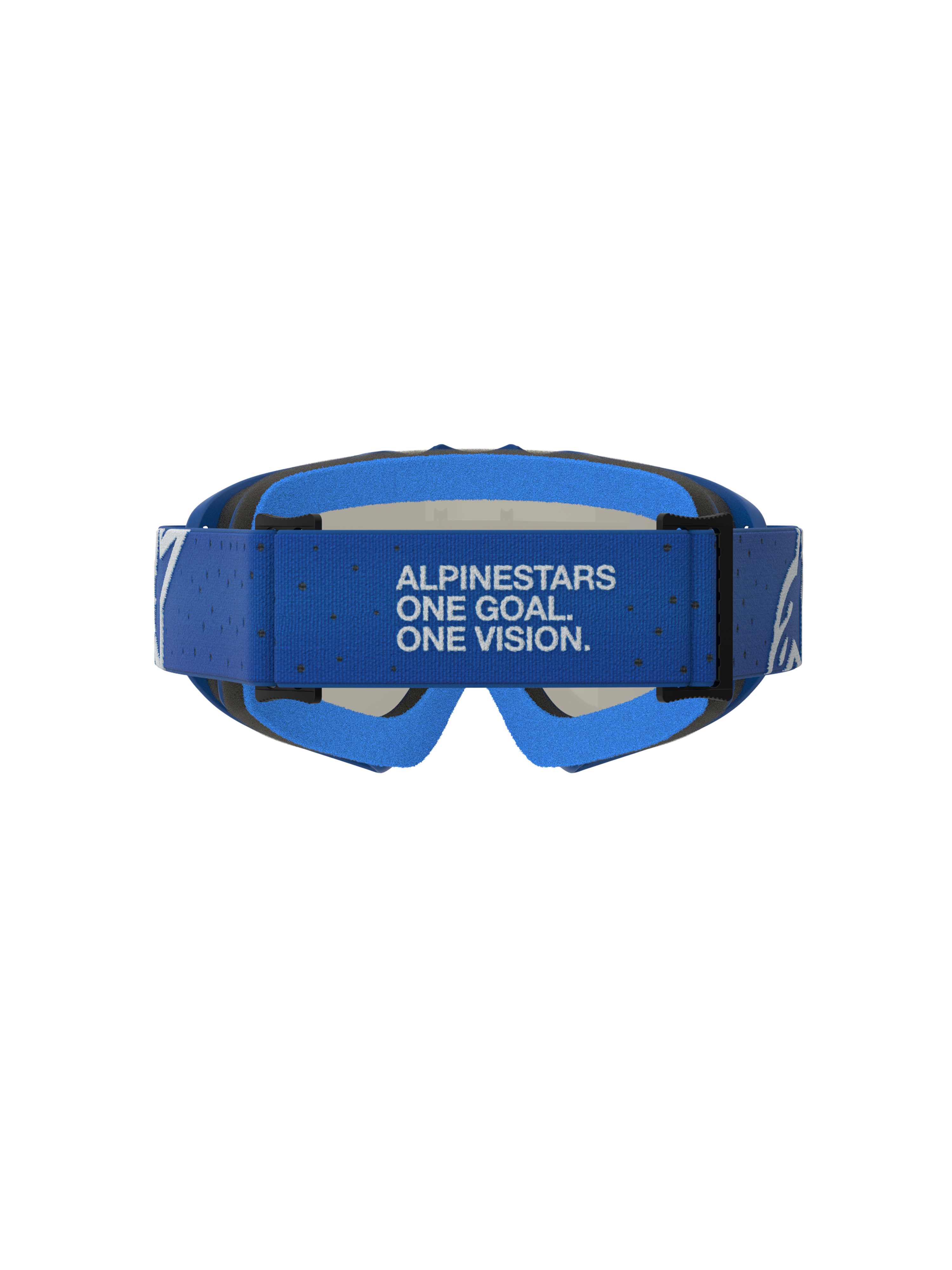 Gafas Alpinestars Vision Vesta Juvenil, gafas de motocross azules y blancas, vista trasera con correa de marca.