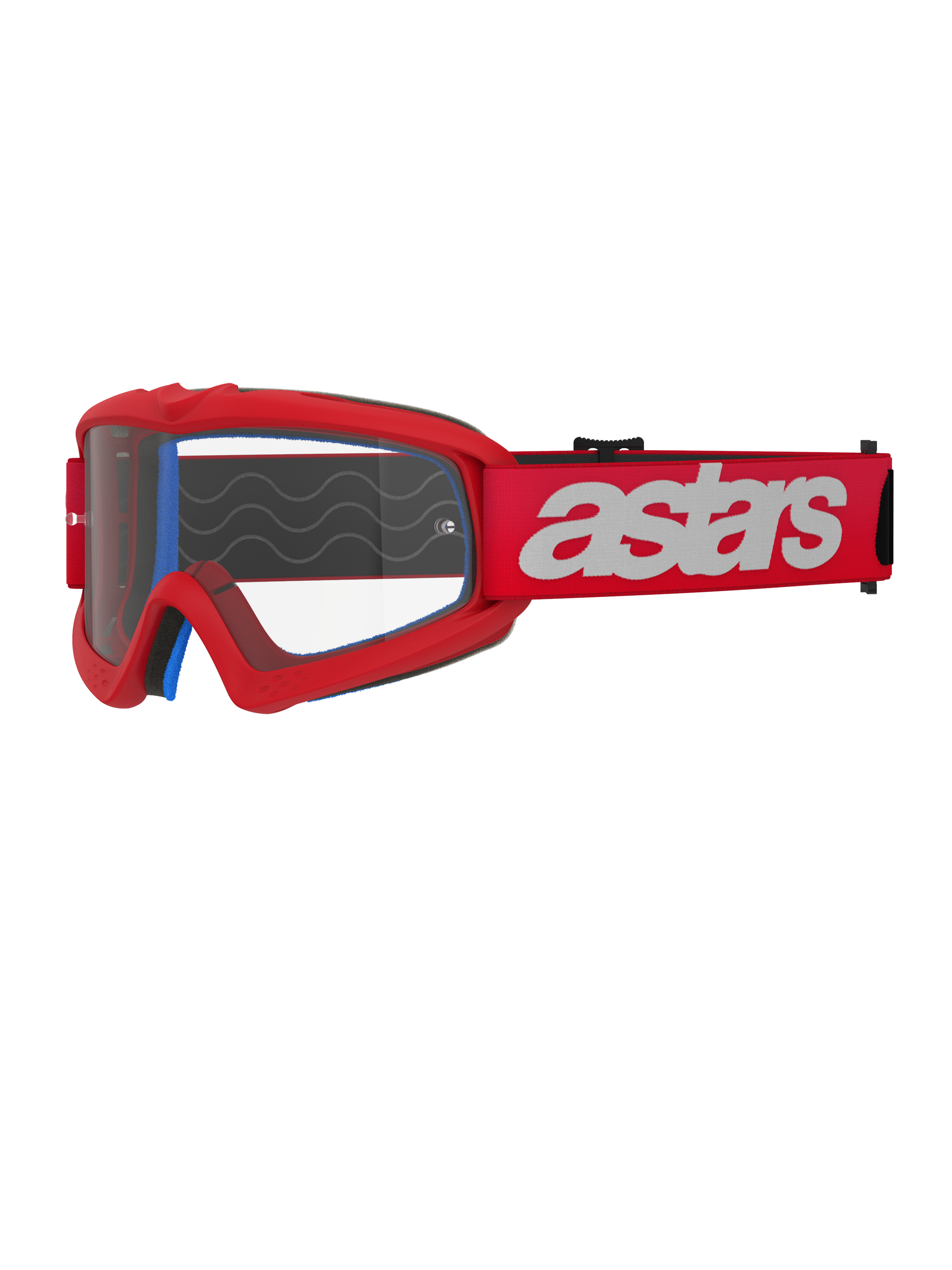 Alpinestars Vision Youth Blaze Goggles, gafas de motocross para jóvenes, rojas y blancas, lente transparente con postes para tear-off, acolchado interior azul, correa roja con logotipo blanco y patrón de ondas de silicona para mayor agarre, protección ocular de alto rendimiento para carreras todoterreno juveniles