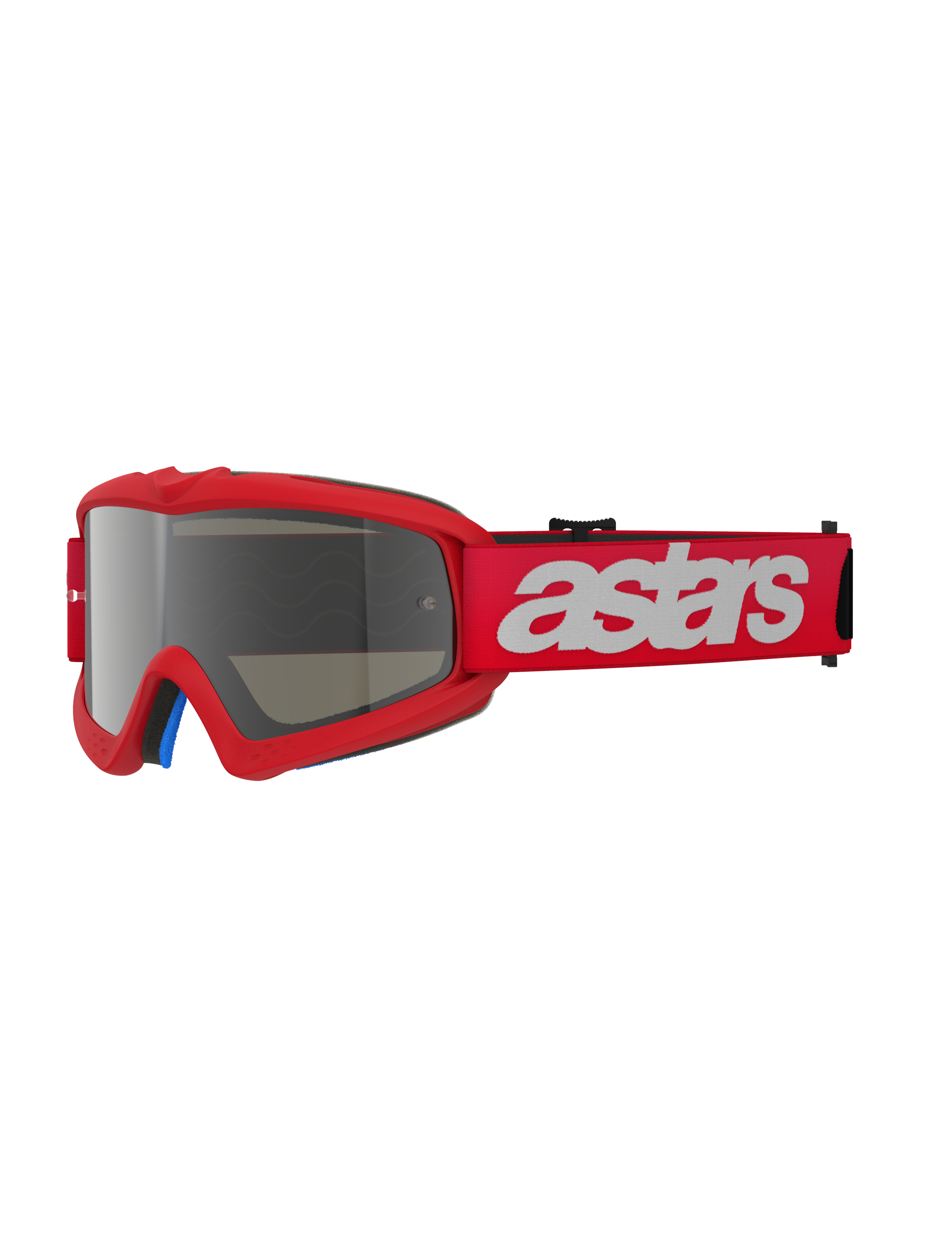 Gafas Alpinestars Vision Youth Blaze, gafas de motocross, rojo espejo plata, montura roja con lente de espejo plateada, correa roja ancha con logotipo astars blanco, protección ocular profesional todoterreno para jóvenes pilotos