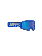 Alpinestars Vision Youth Blaze Goggles, Motocross Goggles, Blue Mirror Blue, vibrant blue frame with mirrored lens, wide blue strap featuring light gray 'astars' branding, high-performance eye protection for young off-road riders