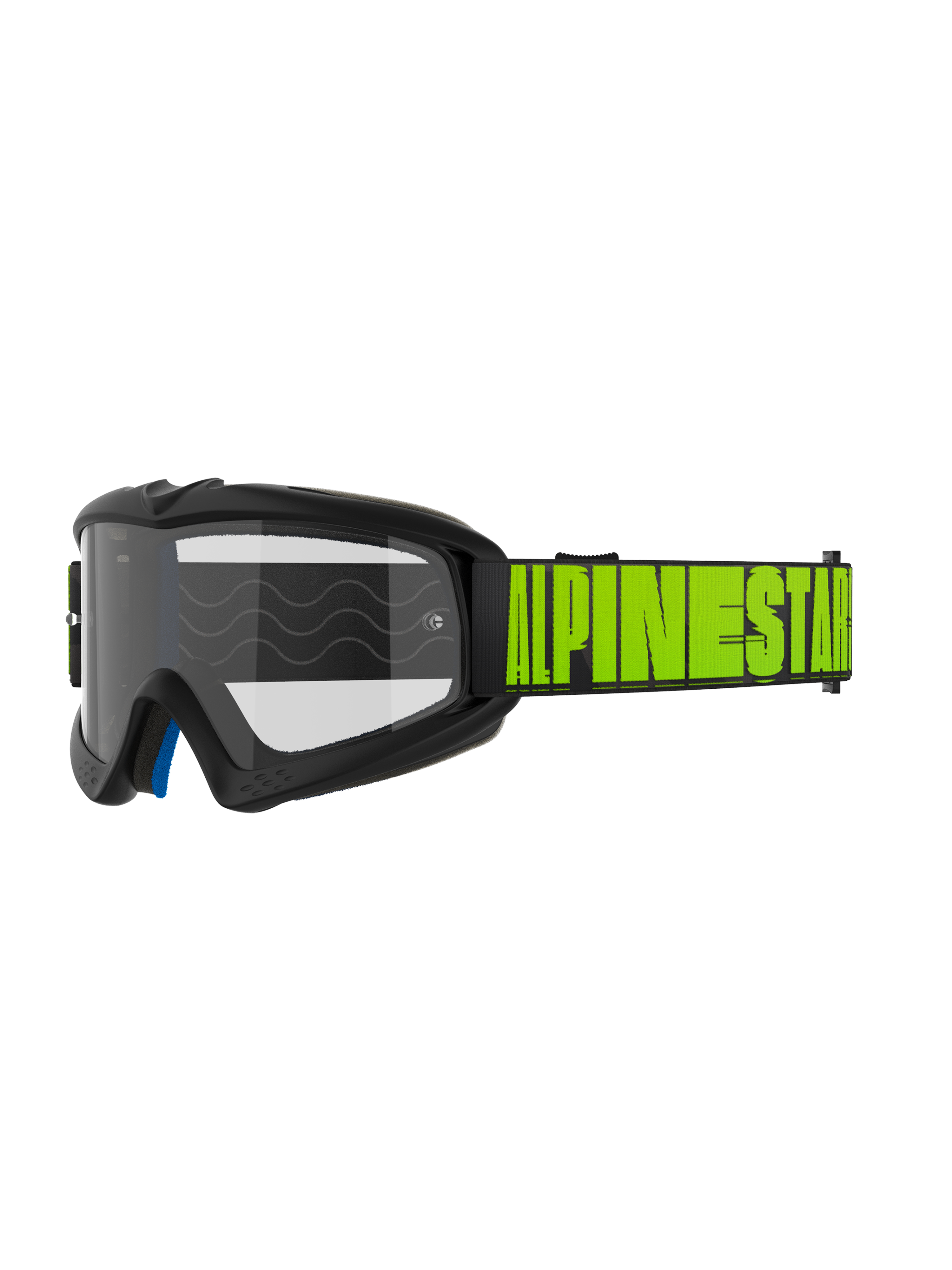 Alpinestars Vision Youth Hollow y Vision 5 Hollow Goggles, gafas de motocross y off-road, montura gris carbón con marca Alpinestars en amarillo flúor sobre correa negra, lente transparente, espuma interior azul y diseño aerodinámico para pilotos jóvenes y adultos