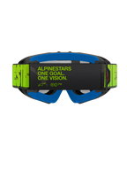 Gafas Alpinestars Vision Youth Hollow, vista posterior con correa amarillo fluorescente y texto negro 'One Goal. One Vision.', espuma facial azul y montura color carbón, gafas de motocross profesionales para jóvenes