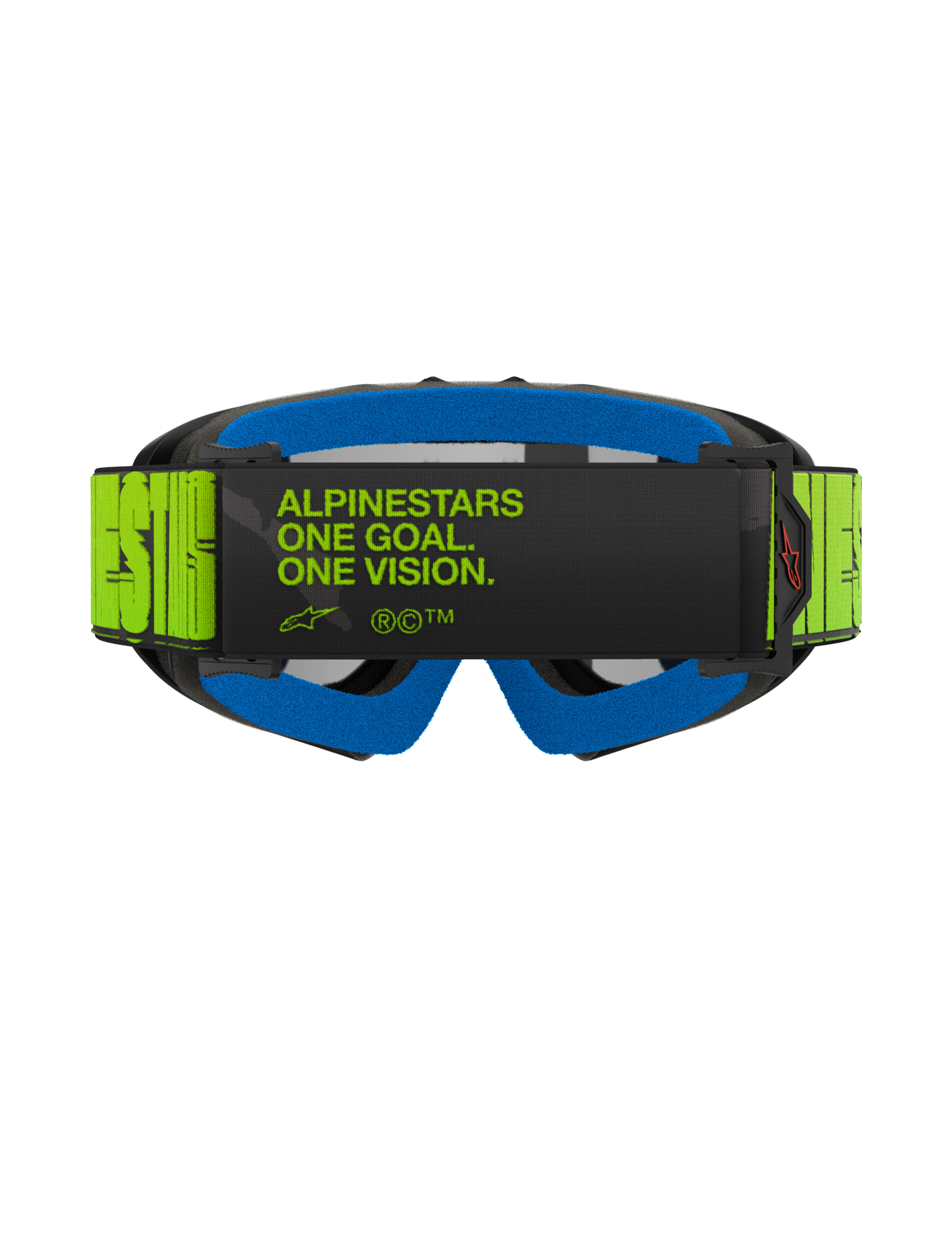 Gafas Alpinestars Vision Youth Hollow, vista posterior con correa amarillo fluorescente y texto negro 'One Goal. One Vision.', espuma facial azul y montura color carbón, gafas de motocross profesionales para jóvenes