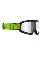Gafas Alpinestars Vision Youth Hollow, gafas de motocross para jóvenes, montura gris carbón con lente plateada de espejo, correa en amarillo flúor y negro con el logotipo de Alpinestars, protección ocular de nivel profesional para carreras todoterreno