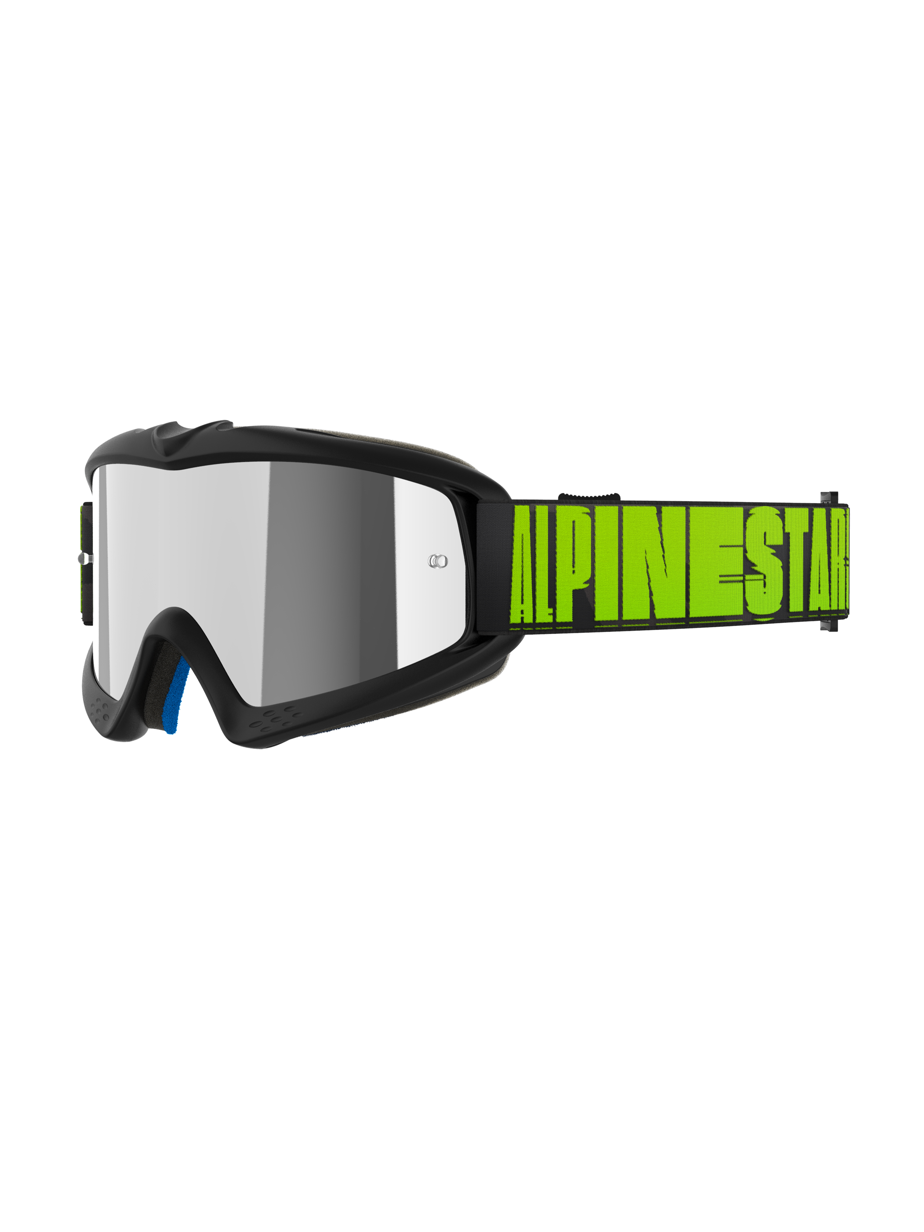 Alpinestars Vision Youth Hollow Goggles, gafas de motocross juveniles, color carbón y amarillo flúor, lente reflectante plateada de espejo, correa negra con logotipo de Alpinestars en amarillo neón, acolchado interior azul, ajuste especializado para jóvenes pilotos
