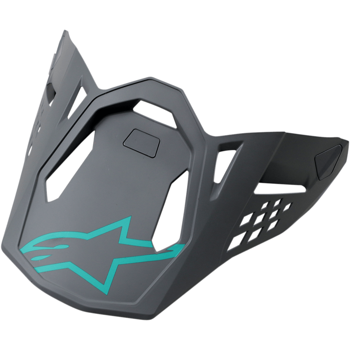 Visera para casco Alpinestars S-M8, Radium Blue Gray Green, visera de repuesto gris oscuro con el logotipo de la estrella Alpinestars en color turquesa, con recortes geométricos y diseño mate angular para cascos de motocross