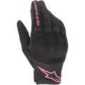 Guantes Alpinestars Stella Copper para mujer, guantes urbanos para moto, negros y fucsia, con tejido de malla transpirable y protección de nudillos rígida cubierta, marca Alpinestars en rosa en el dedo índice y el puño