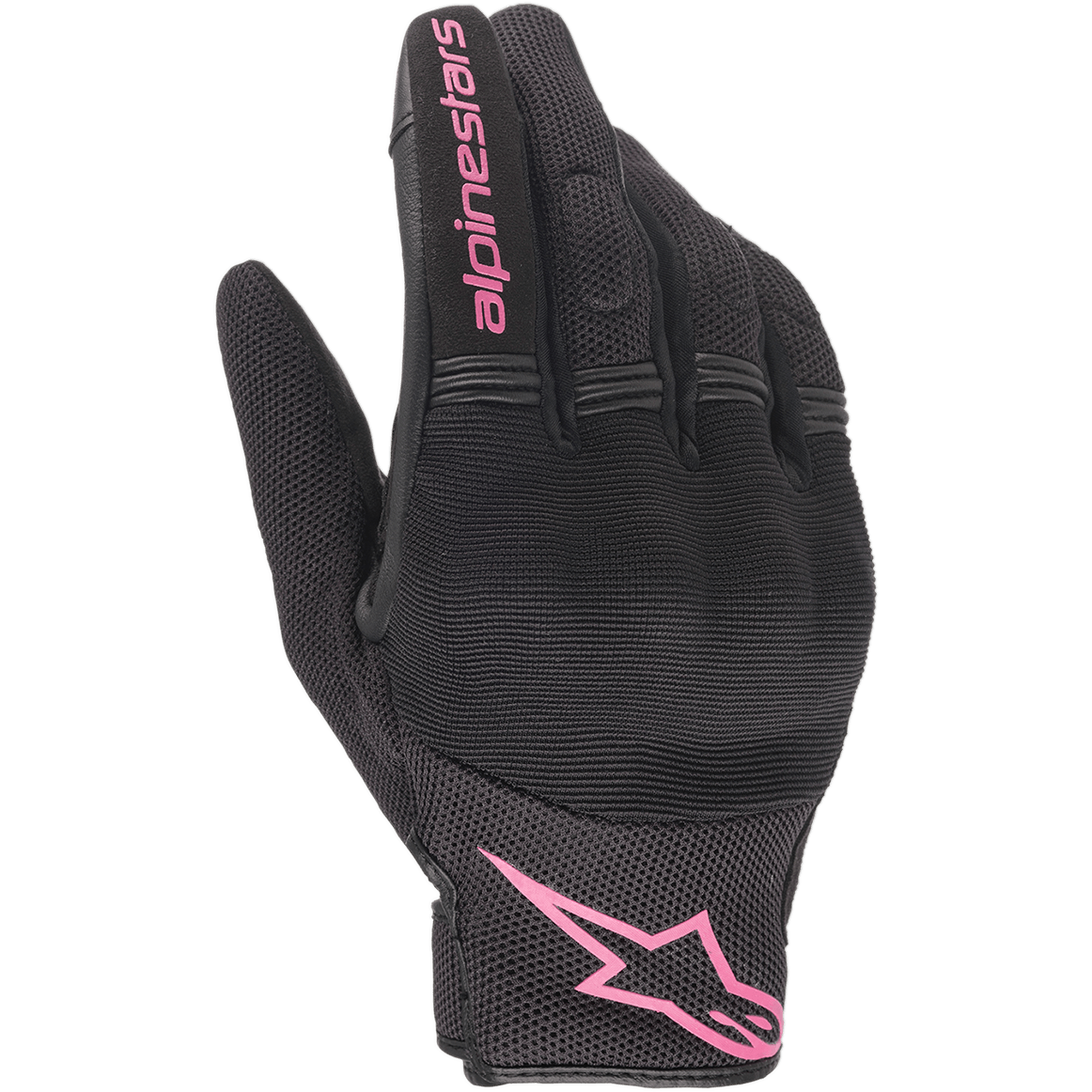 Guantes Alpinestars Stella Copper para mujer, guantes urbanos para moto, negros y fucsia, con tejido de malla transpirable y protección de nudillos rígida cubierta, marca Alpinestars en rosa en el dedo índice y el puño