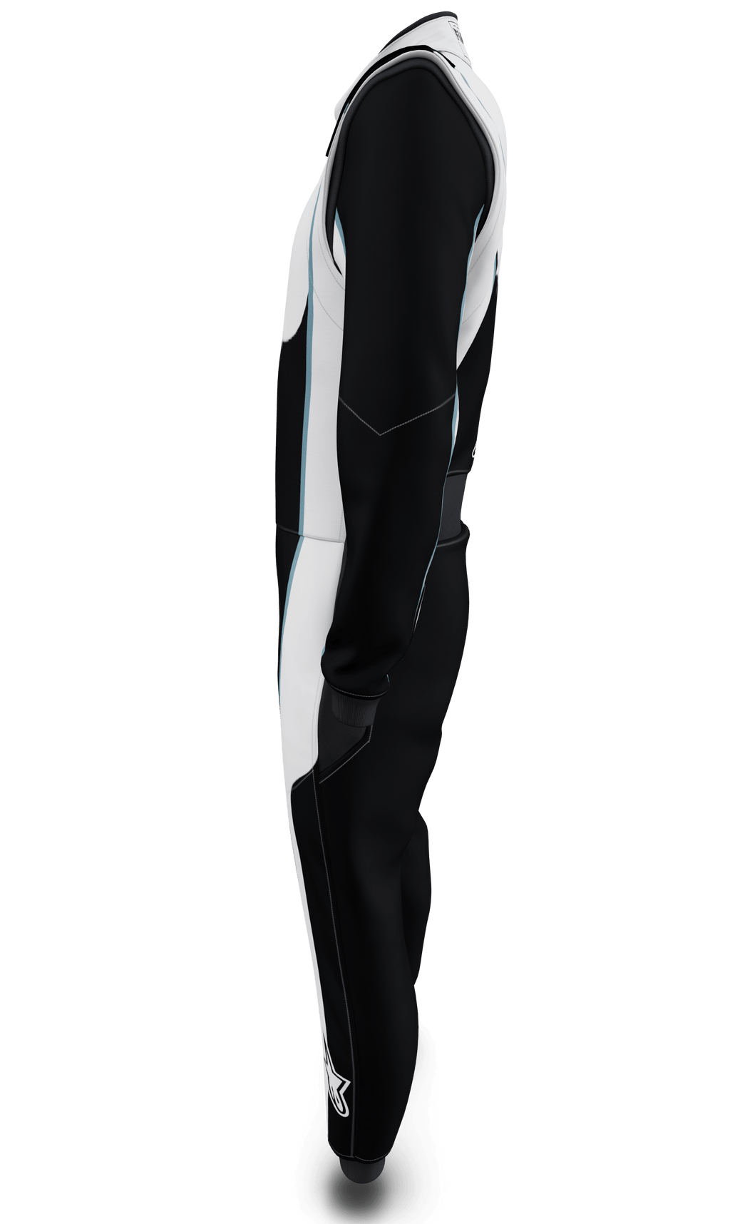 Alpinestars traje personalizado a medida Tech Vision V3, perfil lateral, traje FIA negro y blanco en Nomex ignífugo.