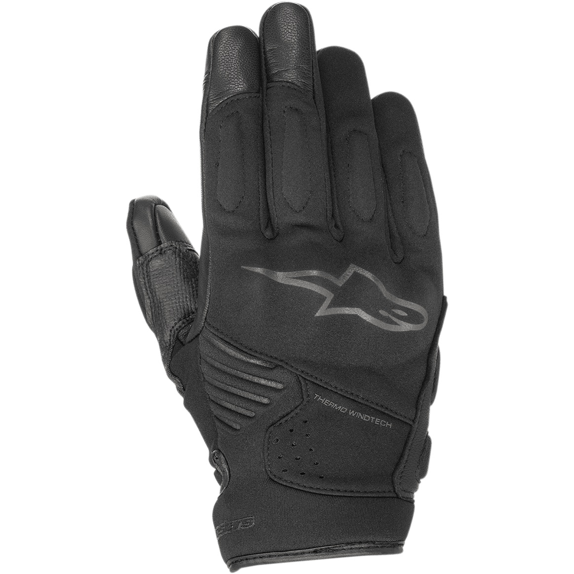 Guantes Alpinestars Faster, guantes de moto negros con el logotipo de la estrella de Alpinestars y la marca Thermo Windtech, acolchado reforzado en nudillos y dedos, diseño multimaterial para conducción urbana