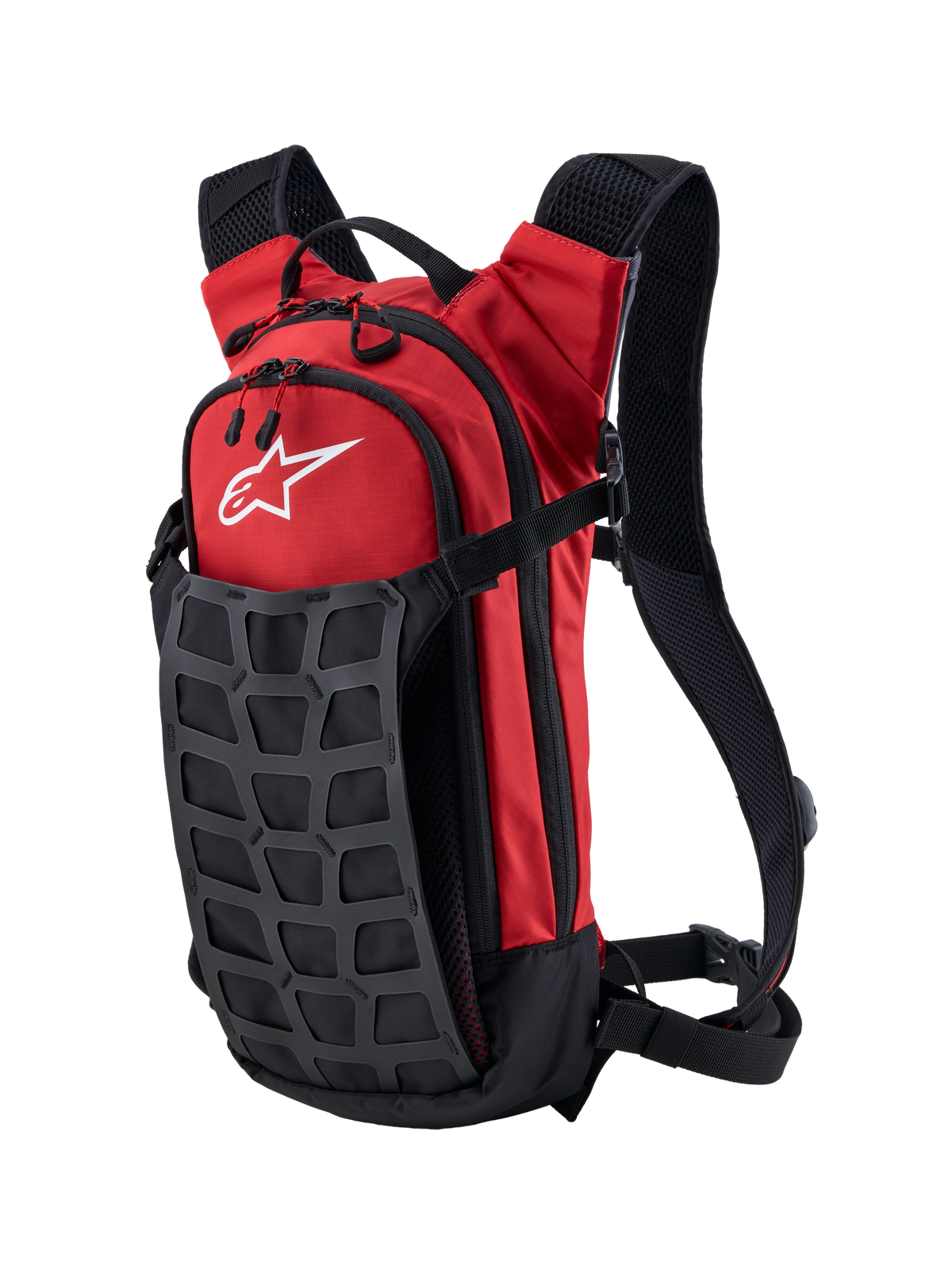 Alpinestars AT-9 Backpack, Motocross and Off-Road Racing Gear, Bright Red and Black, Durable Textile Construction, featuring padded shoulder straps and white Alpinestars logo for paddock and travel use.