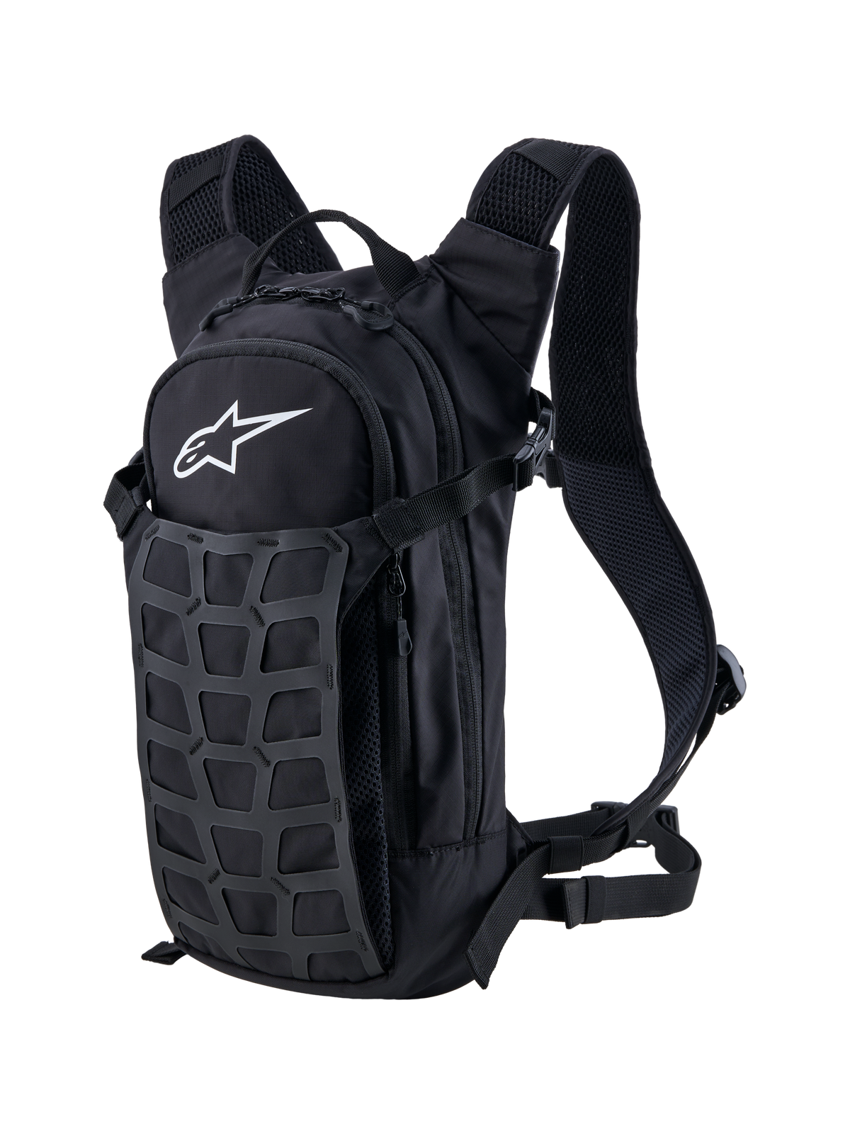 Mochila Alpinestars AT-9, mochila de motocross y para uso diario, negra y gris oscuro, rejilla frontal de utilidad, correas acolchadas y logotipo Alpinestars en blanco, construcción de textil resistente