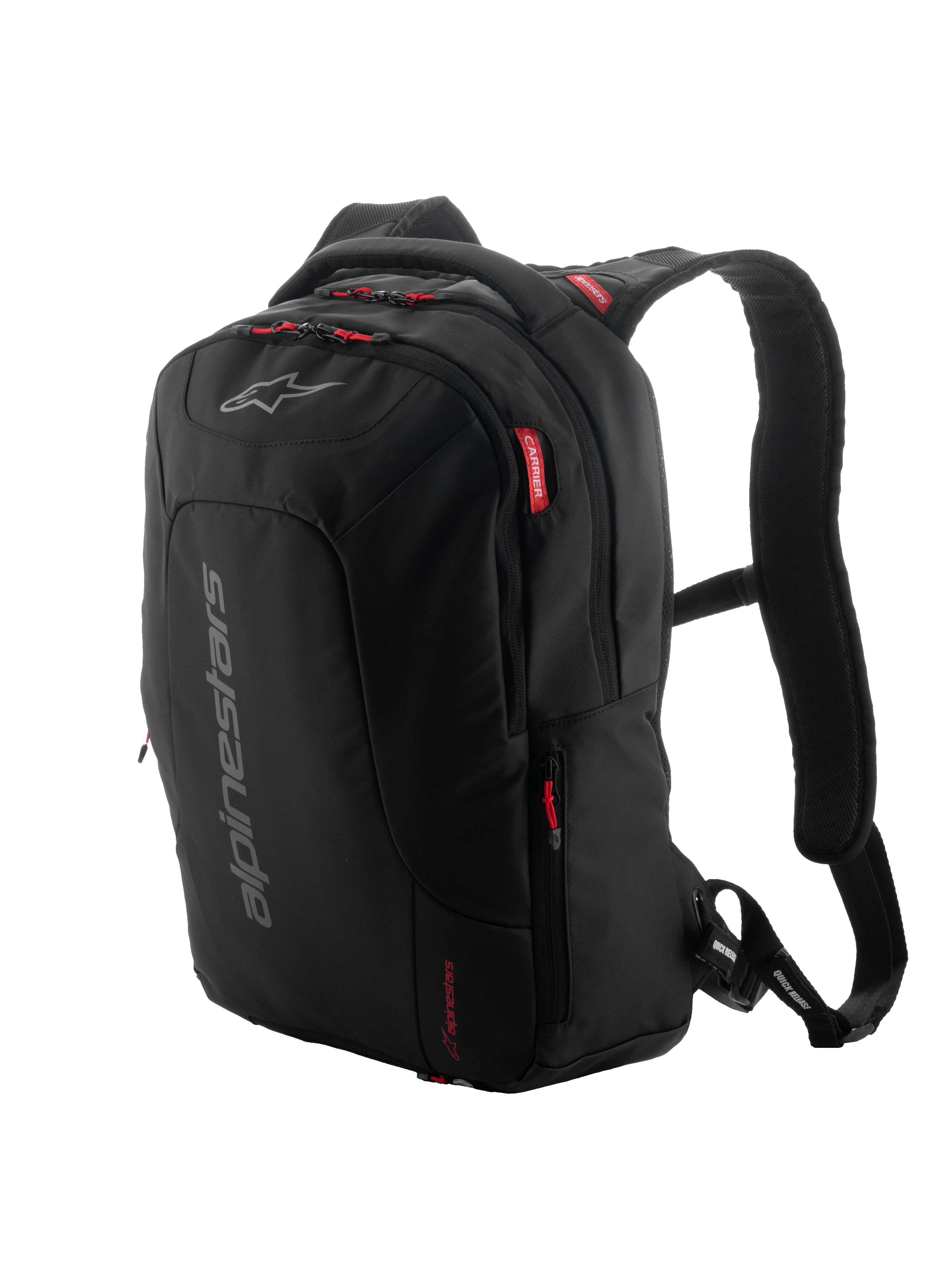 Alpinestars City Hunter V2 Backpack, mochila urbana para motocicleta, negra con tiradores y detalles en rojo, logotipo vertical gris, correas de hombro acolchadas de malla, diseño cónico estilizado para estabilidad en la conducción