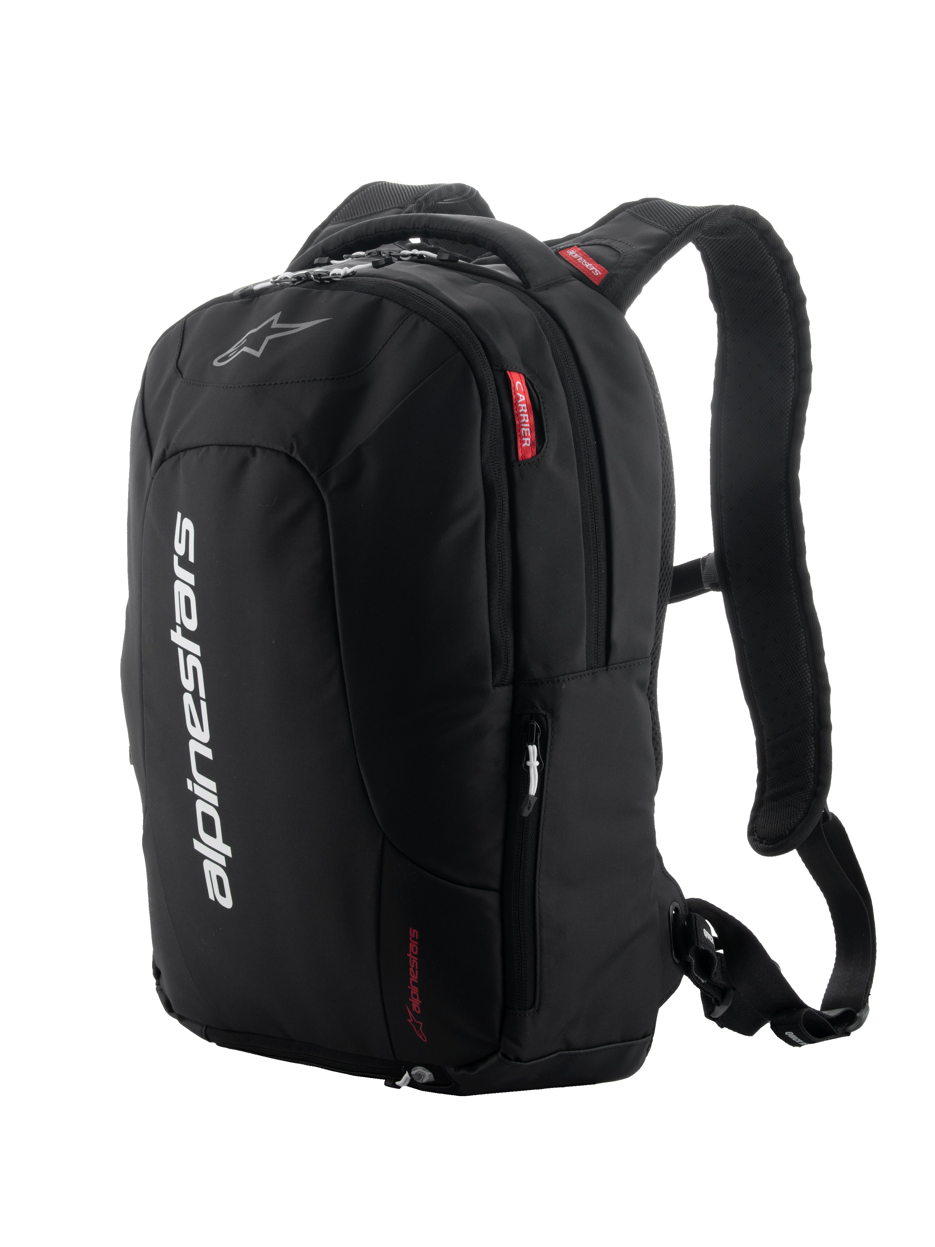 Alpinestars City Hunter V2 Backpack, negra con detalles en blanco y rojo, mochila urbana para moto, con tirantes acolchados de malla, múltiples compartimentos con cremallera, marca vertical blanca y detalles del logo en rojo, diseño ergonómico para motociclistas