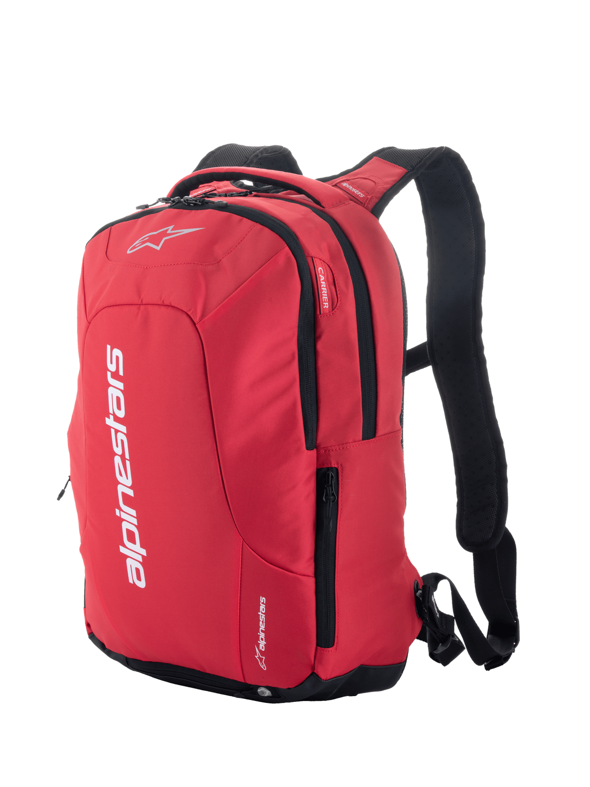 Mochila Alpinestars City Hunter V2, roja y negra, mochila urbana para moto con logotipos blancos llamativos, bolsillos laterales con cremallera, correas acolchadas de malla y diseño aerodinámico para motociclistas