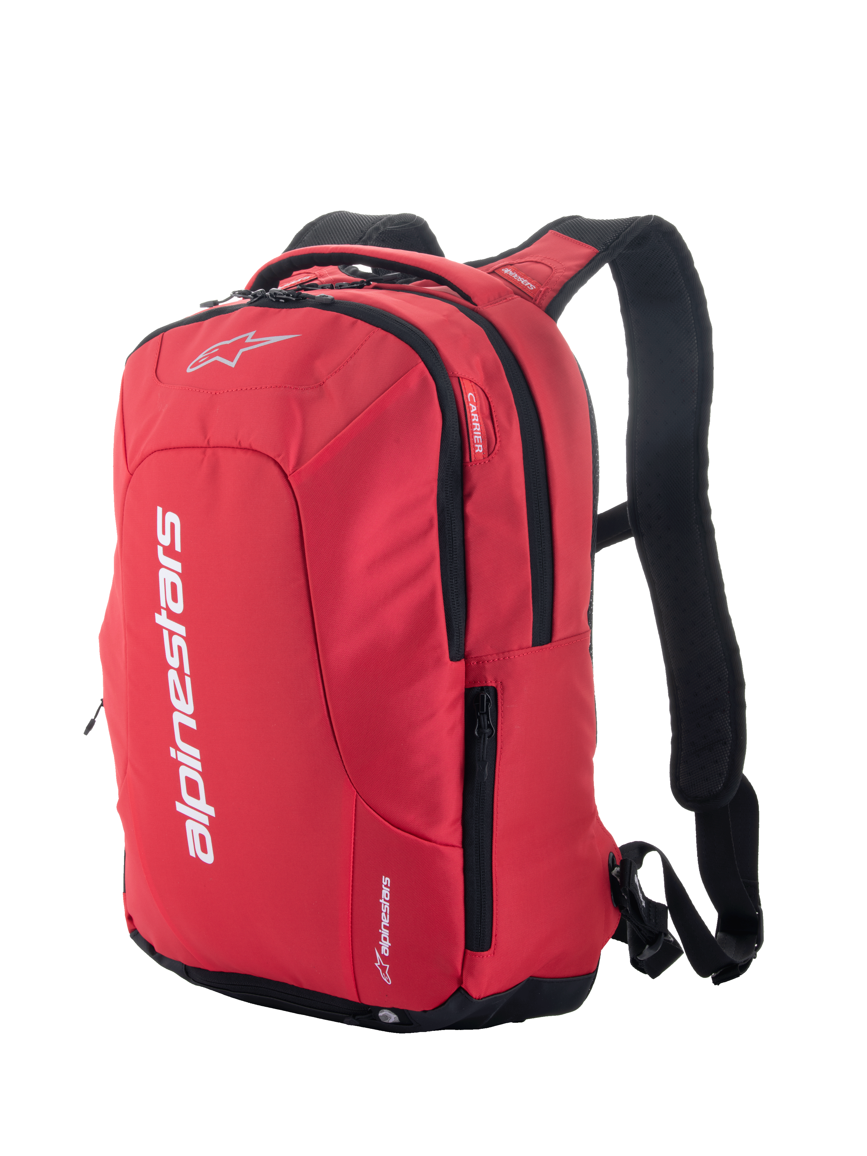 Mochila Alpinestars City Hunter V2, roja y negra, mochila urbana para moto con logotipos blancos llamativos, bolsillos laterales con cremallera, correas acolchadas de malla y diseño aerodinámico para motociclistas
