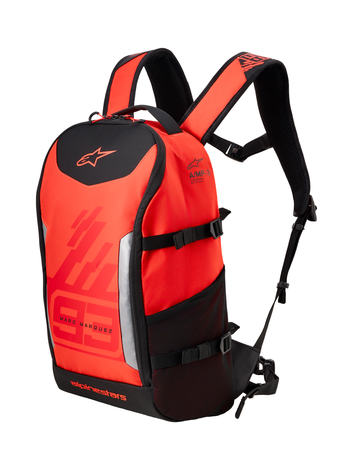 Alpinestars MM93 AMP3 Backpack, Technical Motorcycle Backpack, Red Fluo and Bright Red with Black accents, featuring Marc Marquez 93 branding and Alpinestars logos, adjustable shoulder straps, side mesh pocket, and structured textile design.