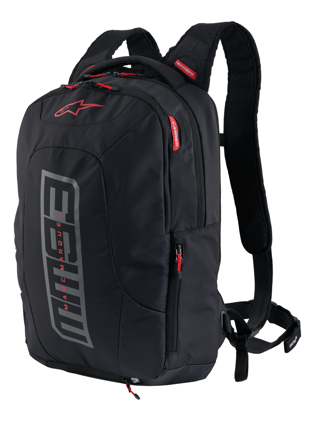 Alpinestars MM93 City Hunter V2 Backpack, Motorcycle Backpack, Black with grey MM93 graphic and red accents, Marc Marquez signature collection, featuring padded shoulder straps and side pockets, durable urban design