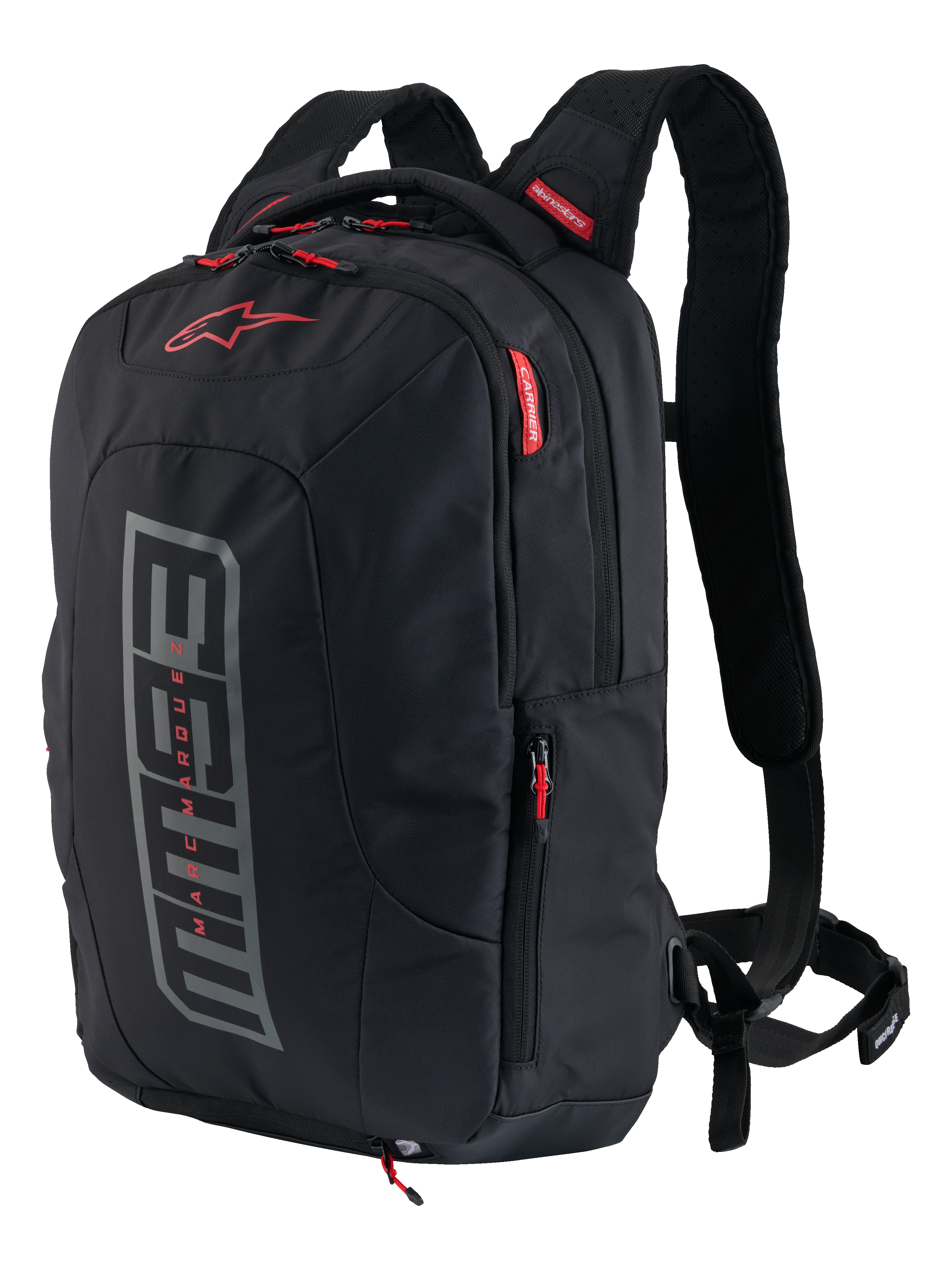 Alpinestars MM93 City Hunter V2 Backpack, mochila para moto, negra con gráficos MM93 en gris y detalles en rojo, colección signature de Marc Márquez, con correas acolchadas y bolsillos laterales, diseño urbano duradero