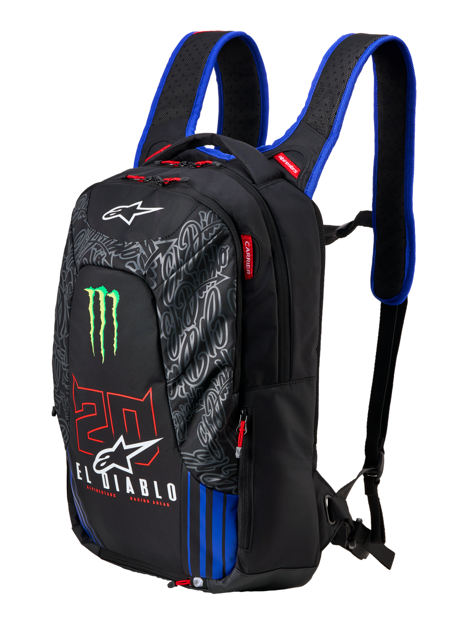 Mochila Alpinestars FQ20 City Hunter V2 Monster, mochila de moto negra con correas de hombro azules, incluye el logo de la garra de Monster Energy en verde, logotipos '20' en rojo y 'El Diablo' en blanco, equipamiento técnico de conducción urbana con perfil cónico.