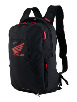 Mochila Honda City Hunter V2, mochila urbana para motocicleta, negro y rojo brillante, con un gran logotipo del ala de Honda en rojo y marca Alpinestars, múltiples compartimentos con cremallera y tiradores rojos, diseño ergonómico con correas acolchadas de malla 3D.