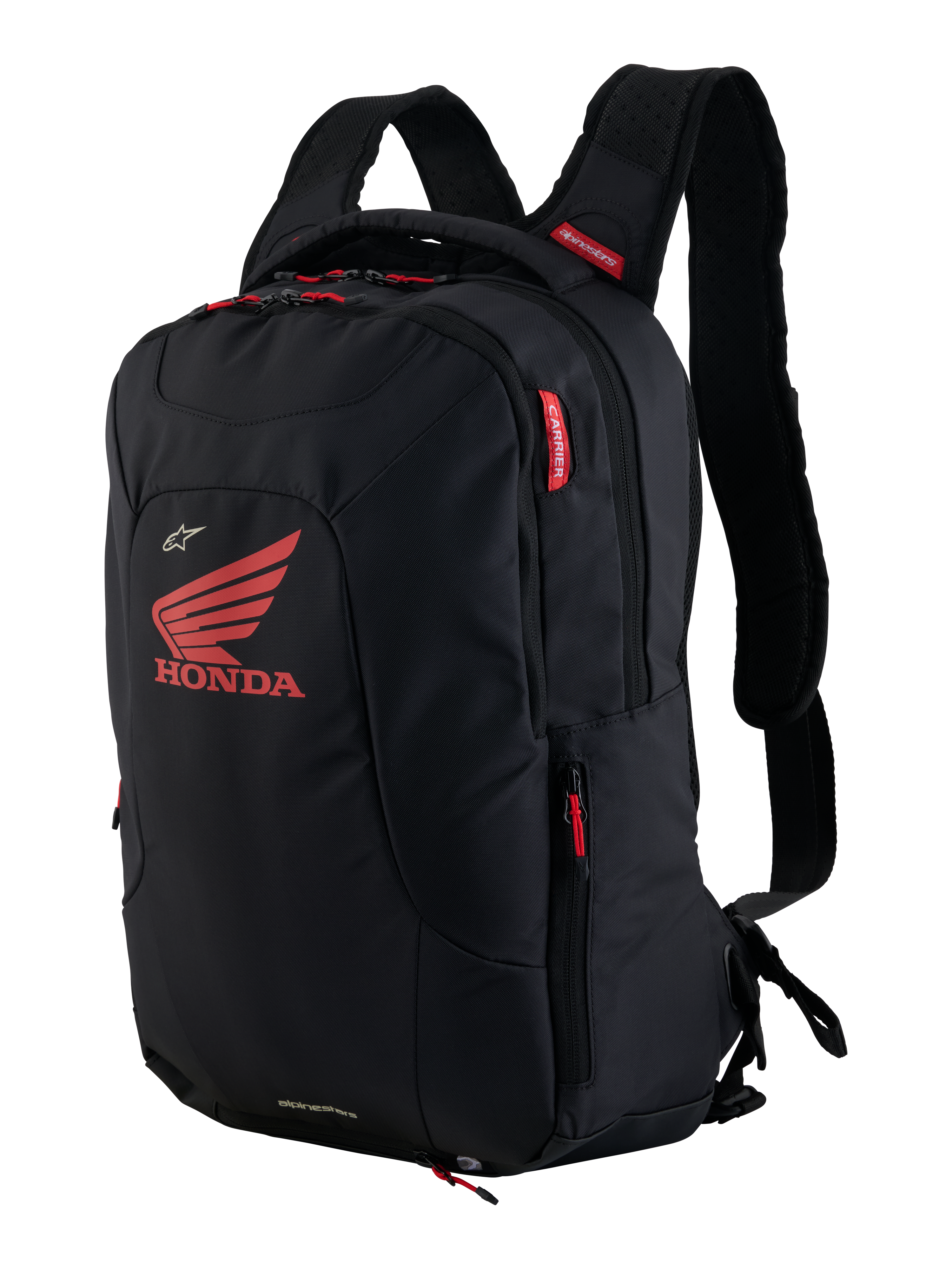Mochila Honda City Hunter V2, mochila urbana para motocicleta, negro y rojo brillante, con un gran logotipo del ala de Honda en rojo y marca Alpinestars, múltiples compartimentos con cremallera y tiradores rojos, diseño ergonómico con correas acolchadas de malla 3D.