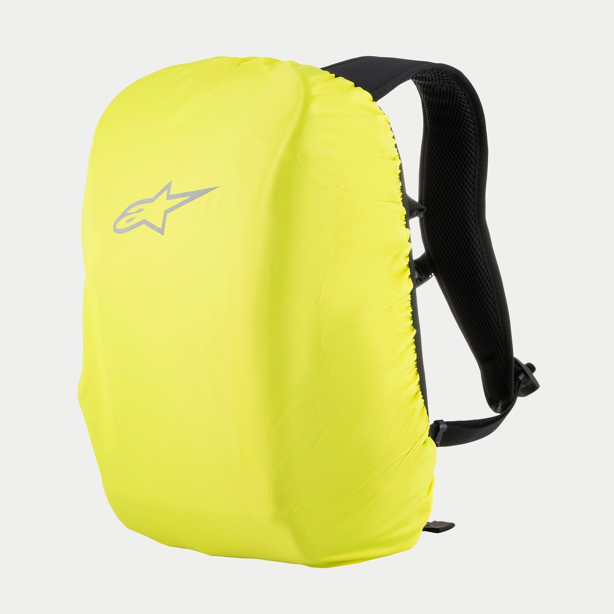 Mochila Alpinestars AMP3, funda para la lluvia amarillo fluorescente, con logotipo plateado de Alpinestars, correas de hombro ajustables negras, accesorio de protección impermeable para equipamiento de moto
