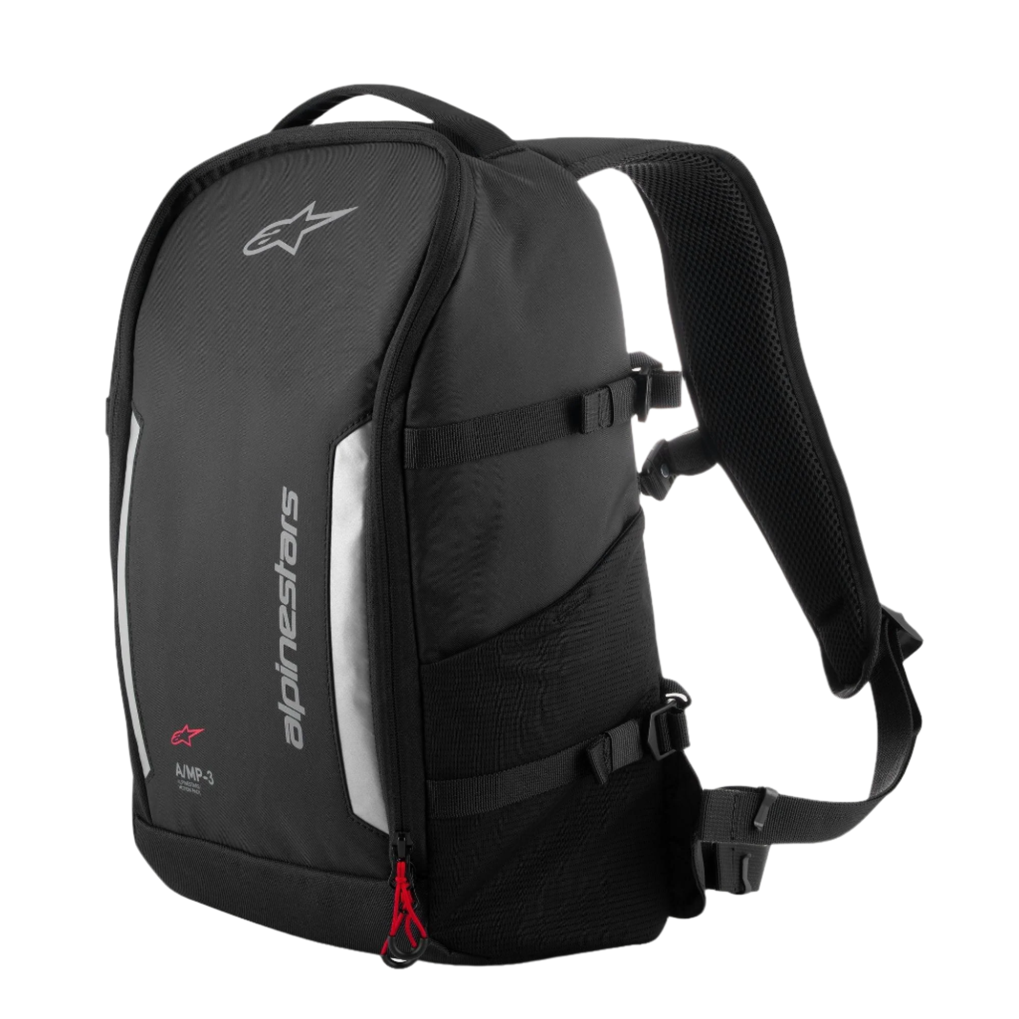 Mochila Alpinestars AMP3, mochila técnica para moto, negra, con paneles reflectantes grises y logotipo Alpinestars vertical, detalle de cremallera en rojo, correas de compresión laterales y bolsillo de malla, 17 litros de capacidad para uso urbano y en carretera