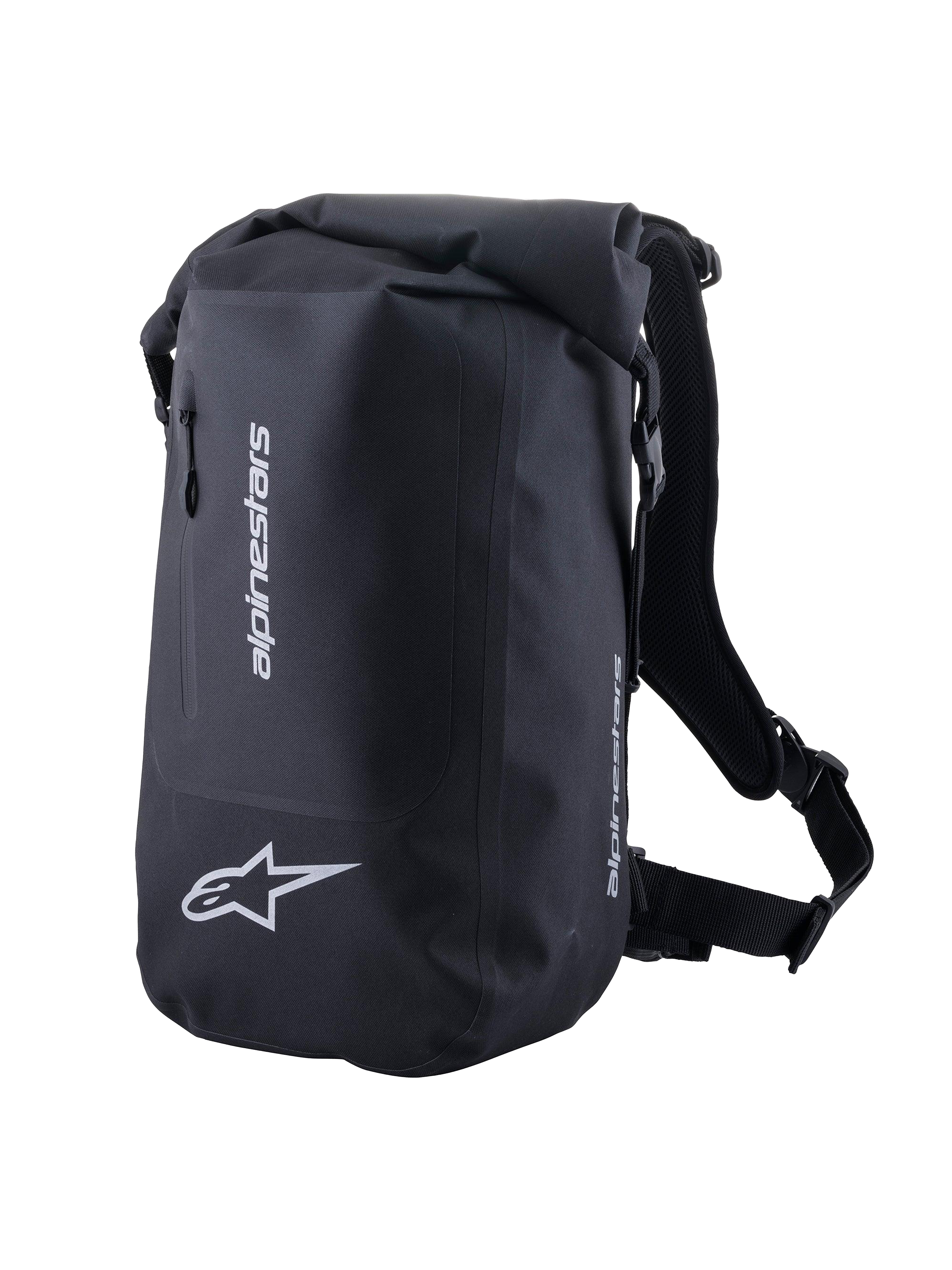 Alpinestars Bolsa Deportiva Sellada, mochila de moto negra e impermeable con cierre enrollable y logotipos reflectantes