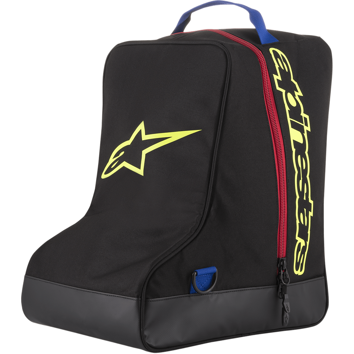 Bolsa para botas Alpinestars, negra y amarilla, bolsa de almacenamiento para equipo de motocross, cremallera roja y asa azul, con gran logotipo de estrella amarillo y marca Alpinestars, base de lona resistente, equipaje especializado para botas de competición off-road