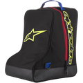 Bolsa para botas Alpinestars, negra y amarilla, bolsa de almacenamiento para equipo de motocross, cremallera roja y asa azul, con gran logotipo de estrella amarillo y marca Alpinestars, base de lona resistente, equipaje especializado para botas de competición off-road