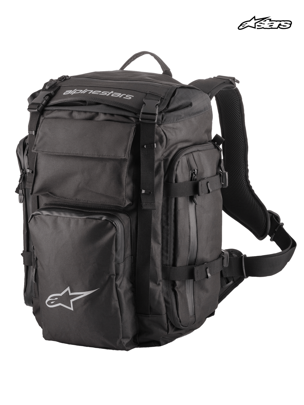 Alpinestars Mochila Rover Overland, mochila de moto adventure, negra, con capacidad de 39 litros, diseño enrollable y compartimento frontal compresible