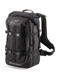 Alpinestars Rover Multi Backpack, mochila de moto de adventure touring, negra, confección textil de 32,4 litros con compartimento superior enrollable, correas de compresión y panel frontal de malla con detalles del logotipo