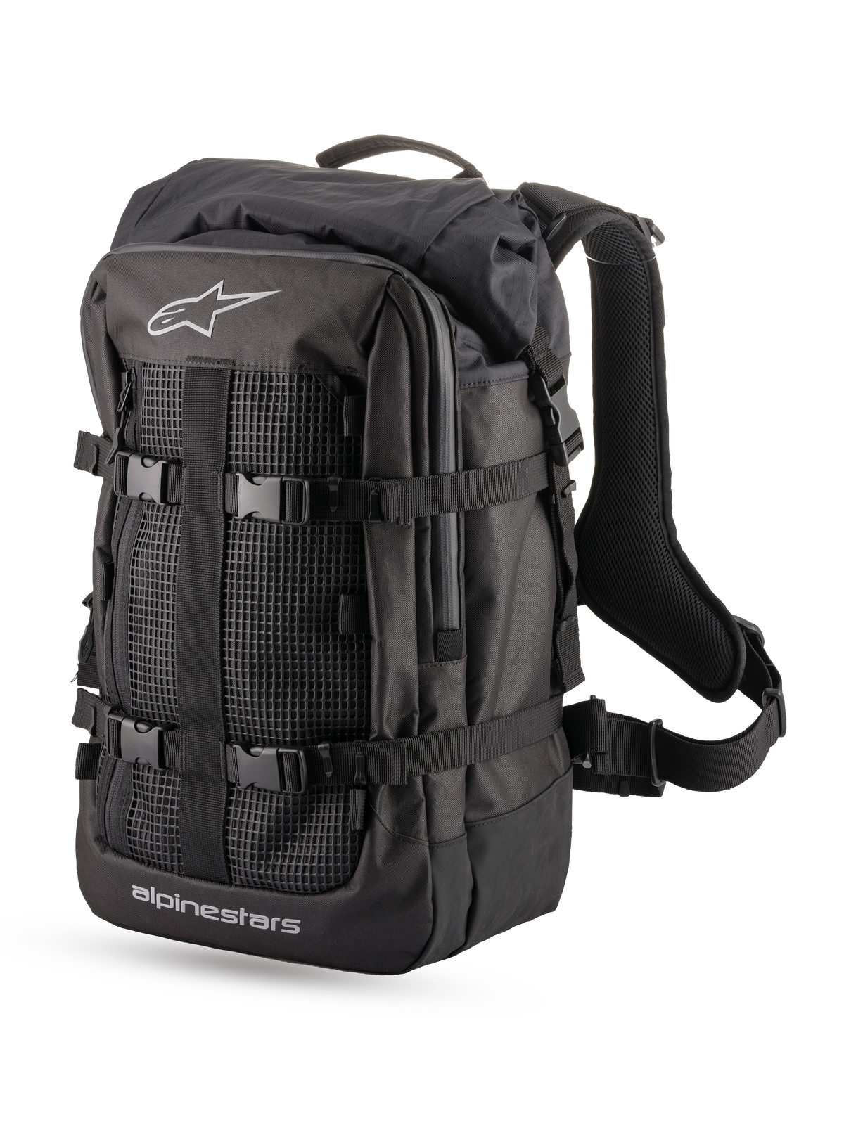 Alpinestars Rover Multi Backpack, mochila de moto de adventure touring, negra, confección textil de 32,4 litros con compartimento superior enrollable, correas de compresión y panel frontal de malla con detalles del logotipo
