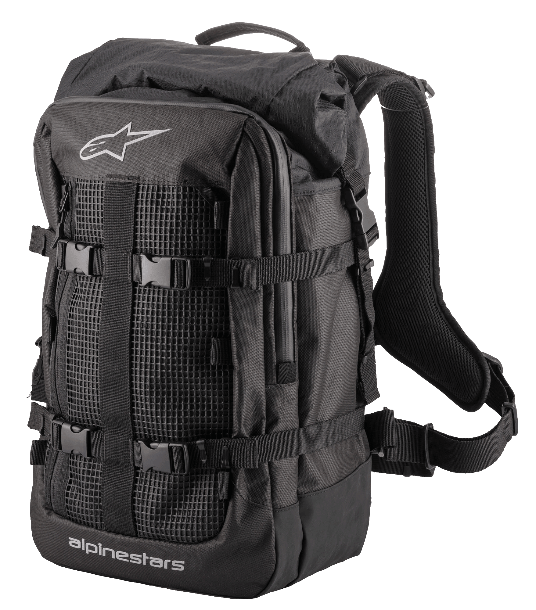 Alpinestars Rover Multi Backpack, mochila Adventure Touring de color negro con panel frontal de malla, correas de compresión ajustables con hebillas, tirantes ergonómicos acolchados y construcción textil robusta para desplazamientos en moto y conducción de aventura