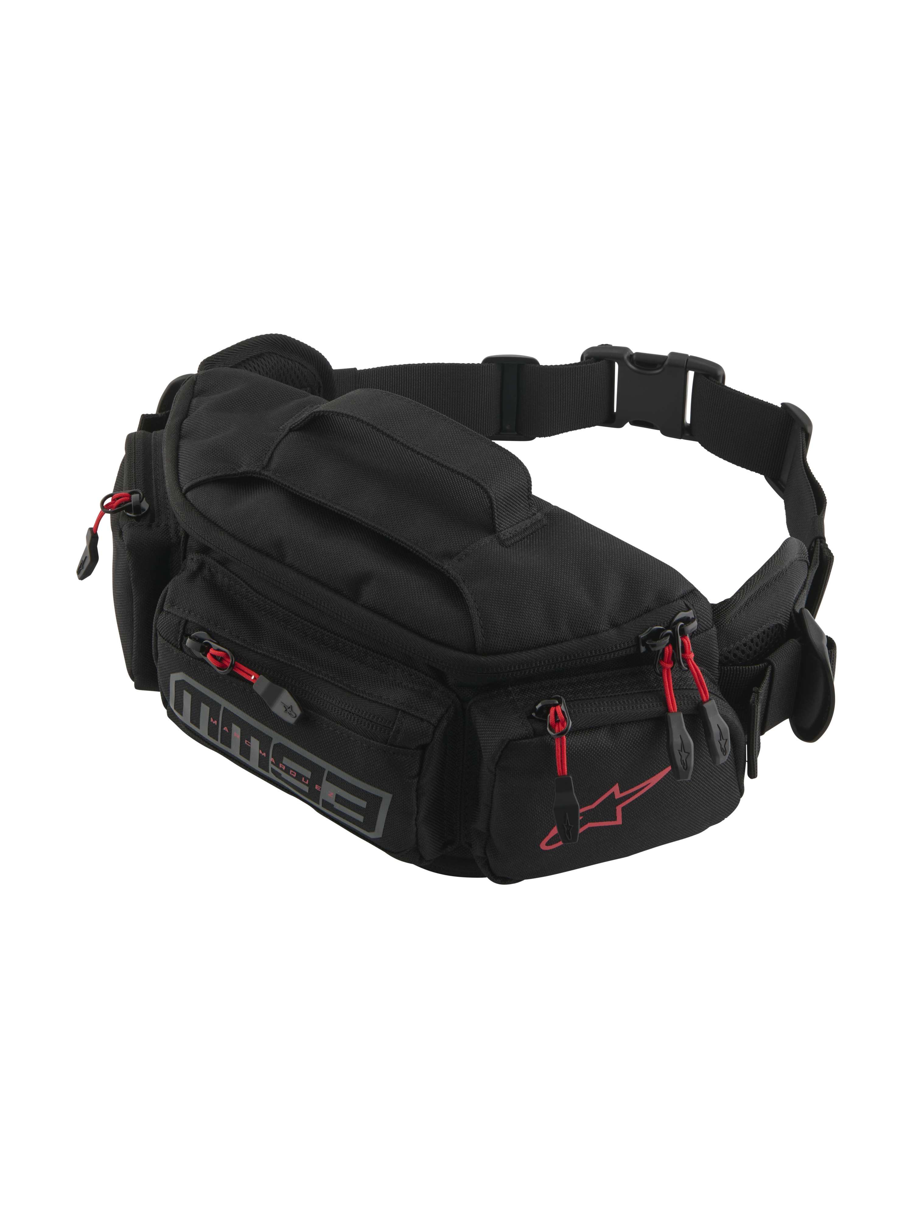 Alpinestars MM93 Waist Bag, riñonera para moto, negra con tiradores de cremallera rojos, múltiples compartimentos con cremallera, cinturón ajustable con hebilla, con el logotipo rojo de Alpinestars y la marca MM93 en gris, tejido duradero resistente al agua