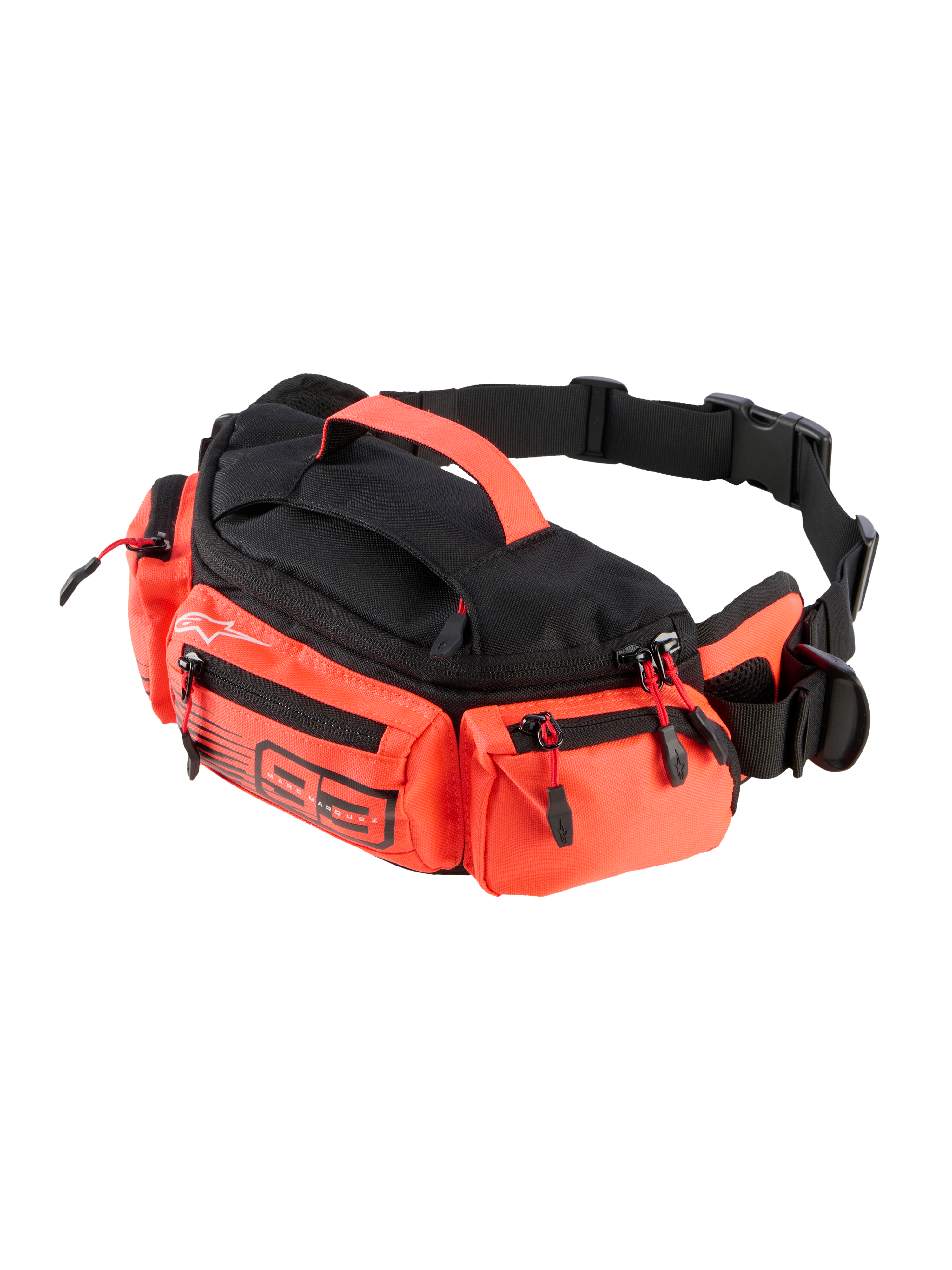Alpinestars MM93 Waist Bag, riñonera práctica para moto en negro y rojo flúor, con múltiples compartimentos con cremallera, asa superior y correa negra ajustable, marca Marc Márquez 93 y construcción duradera resistente al agua