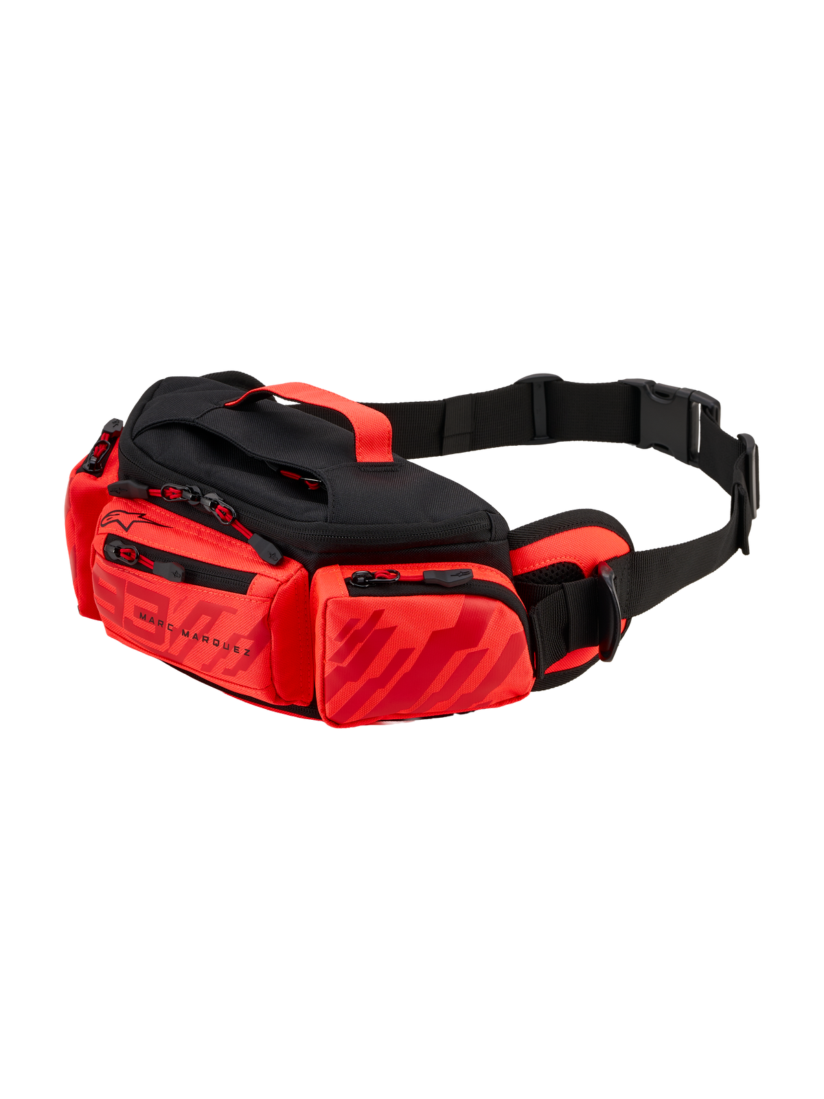 Riñonera Alpinestars MM93, bolsa de cintura para motocicleta, rojo brillante, rojo flúor y negro, con gráficos de Marc Márquez, múltiples compartimentos con cremallera, correa de cintura ajustable con hebilla y asa superior