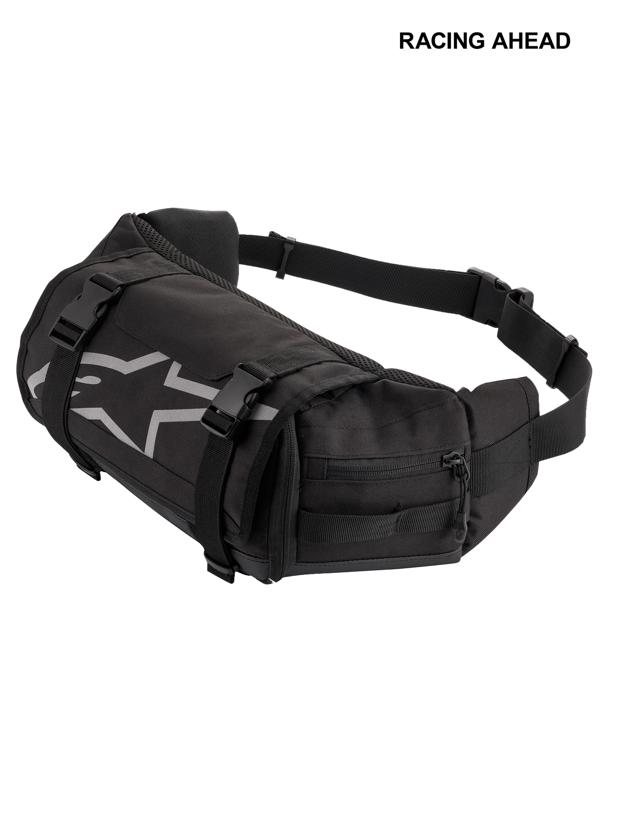Alpinestars Tech Tool Pack, negro, riñonera portaherramientas duradera para motocicleta, con logotipo de estrella Alpinestars en gris, correas de compresión ajustables con hebillas de plástico y compartimentos laterales con cremallera para uso en enduro y off-road